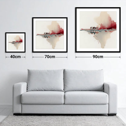 Crimson Reflections - size guide showing 40cm, 70cm and 90cm art prints