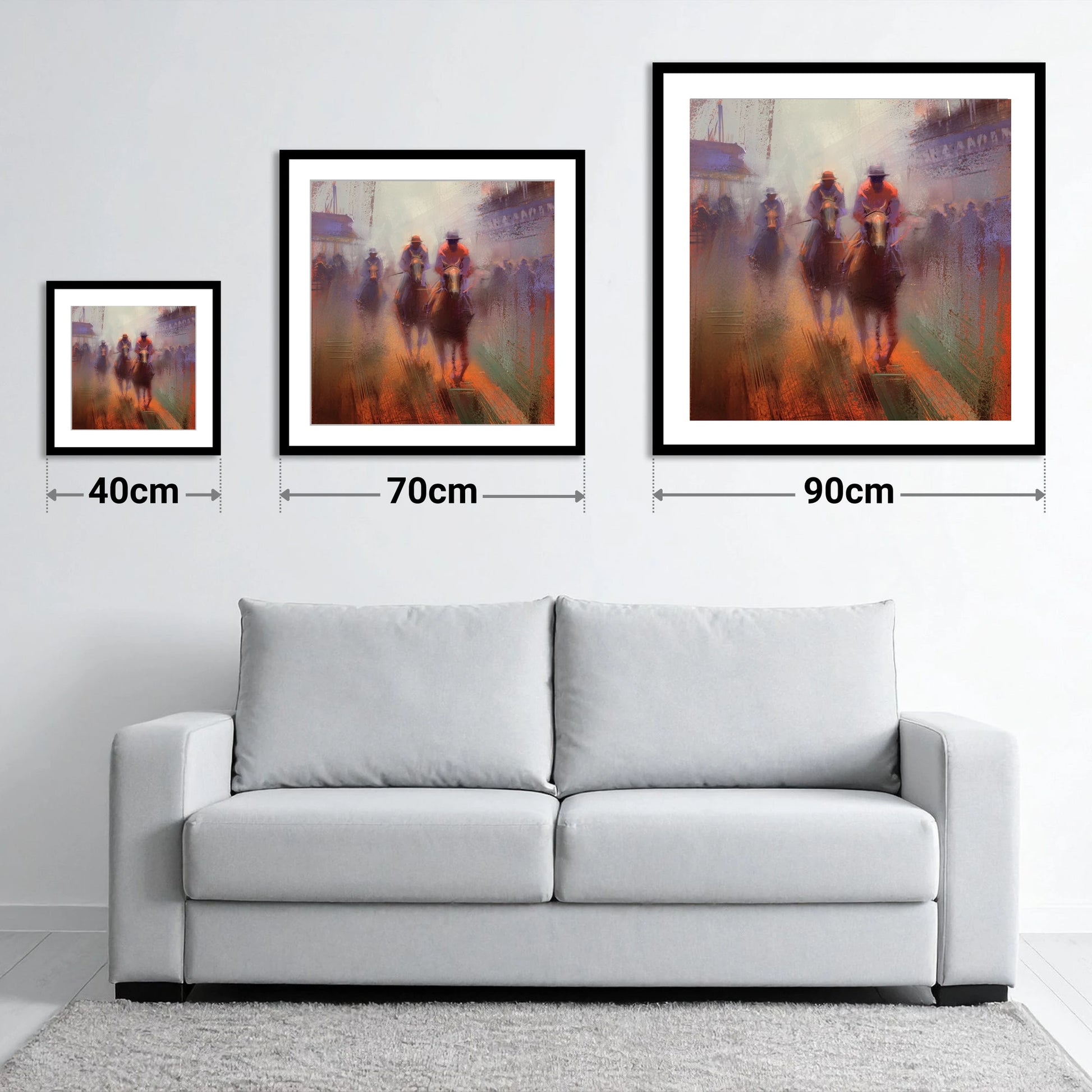 Out of the Haze - size guide showing 40cm, 70cm and 90cm art prints