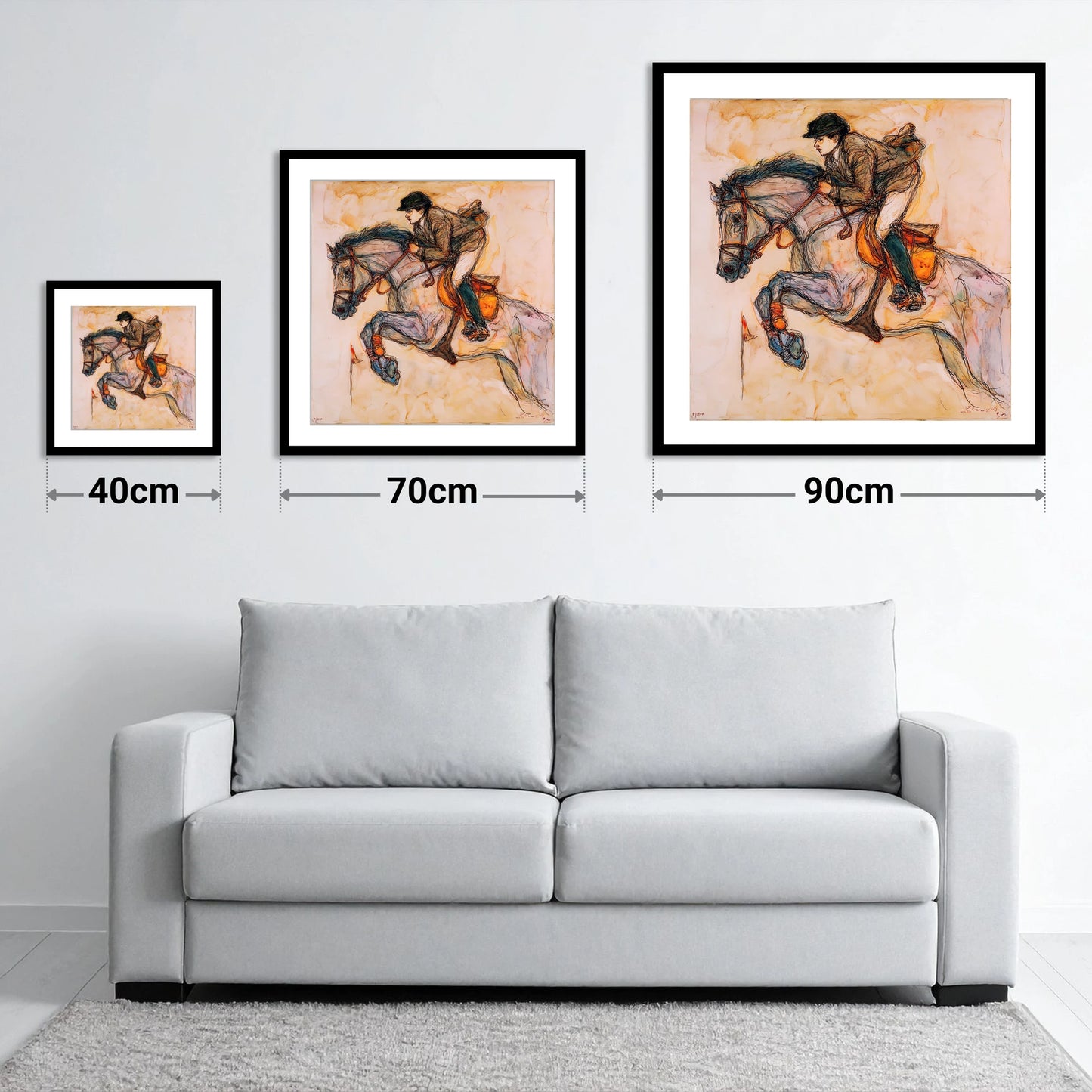 Suspended Momentum - size guide showing 40cm, 70cm and 90cm art prints