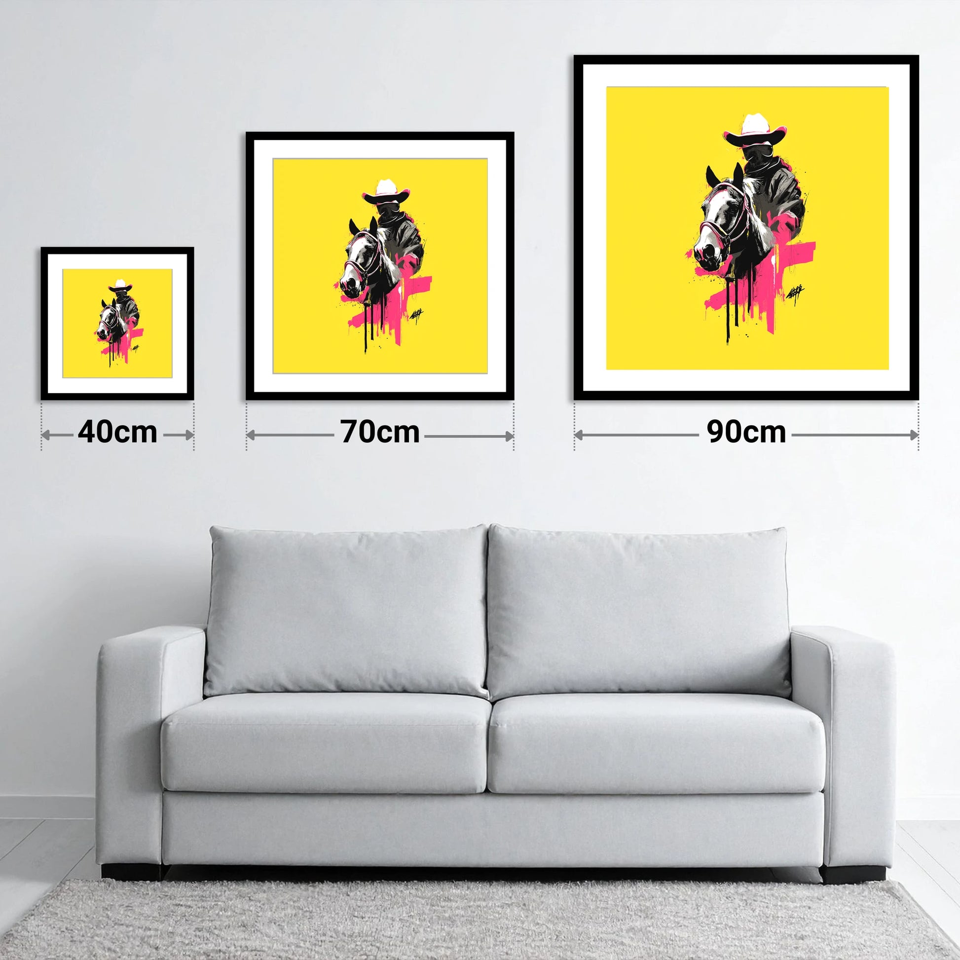 Magenta Western Rider - size guide showing 40cm, 70cm and 90cm art prints
