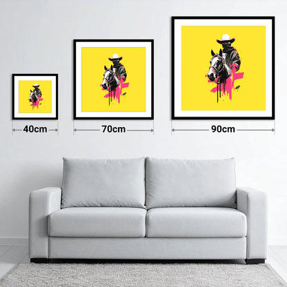 Magenta Western Rider - size guide showing 40cm, 70cm and 90cm art prints