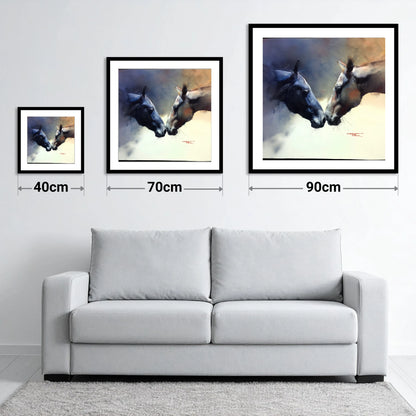 A Quiet Greeting - size guide showing 40cm, 70cm and 90cm art prints