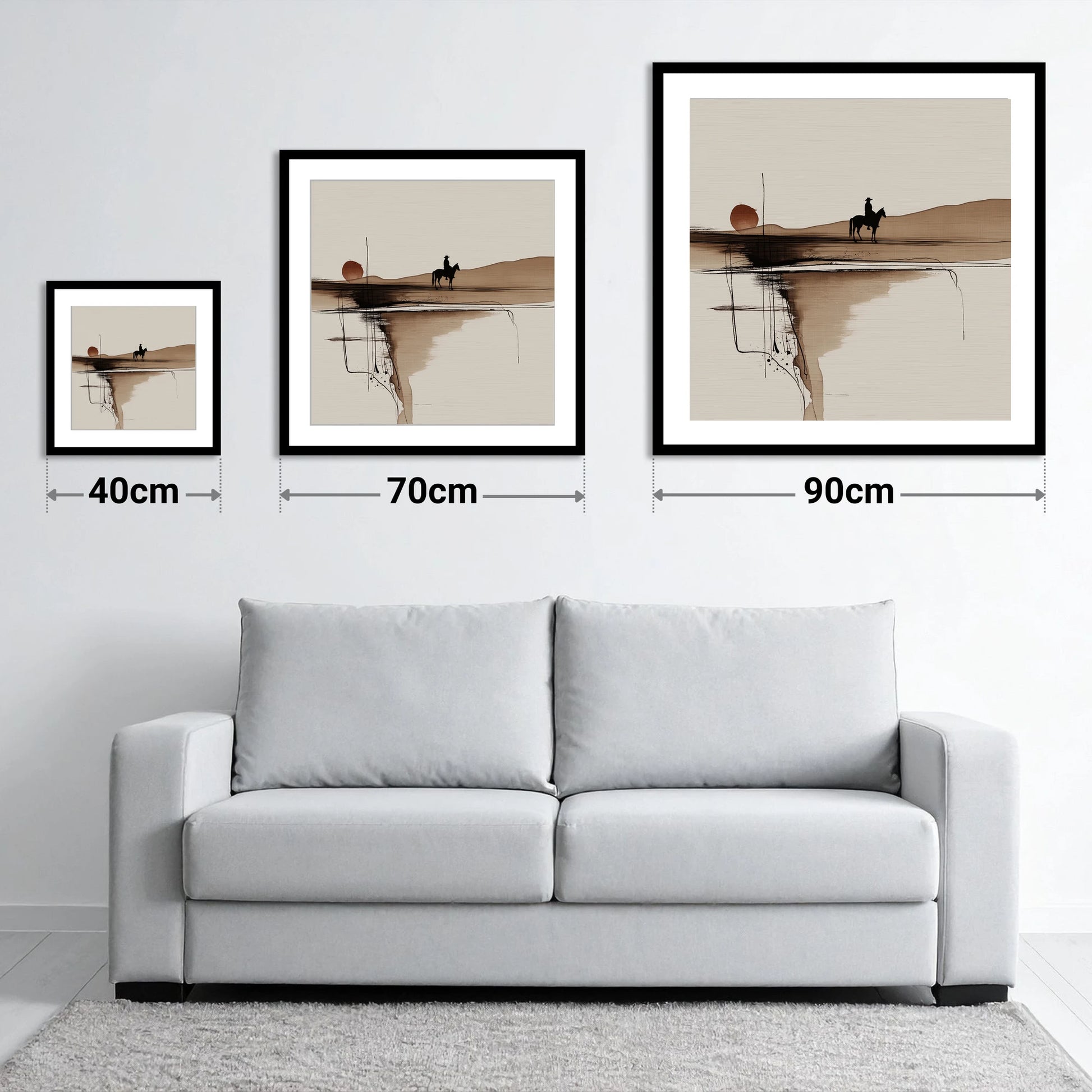 The Quiet Range - size guide showing 40cm, 70cm and 90cm art prints