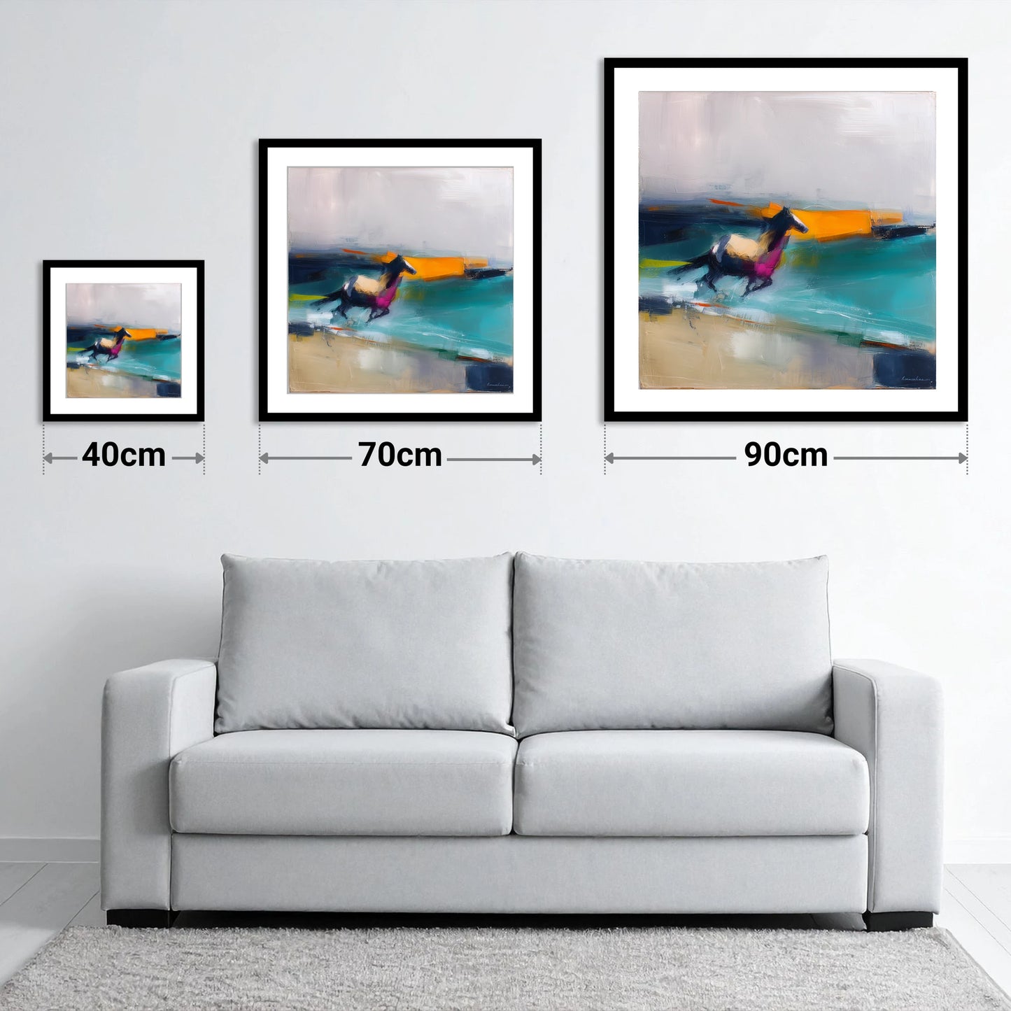 Vivid Coastal Gallop - size guide showing 40cm, 70cm and 90cm art prints