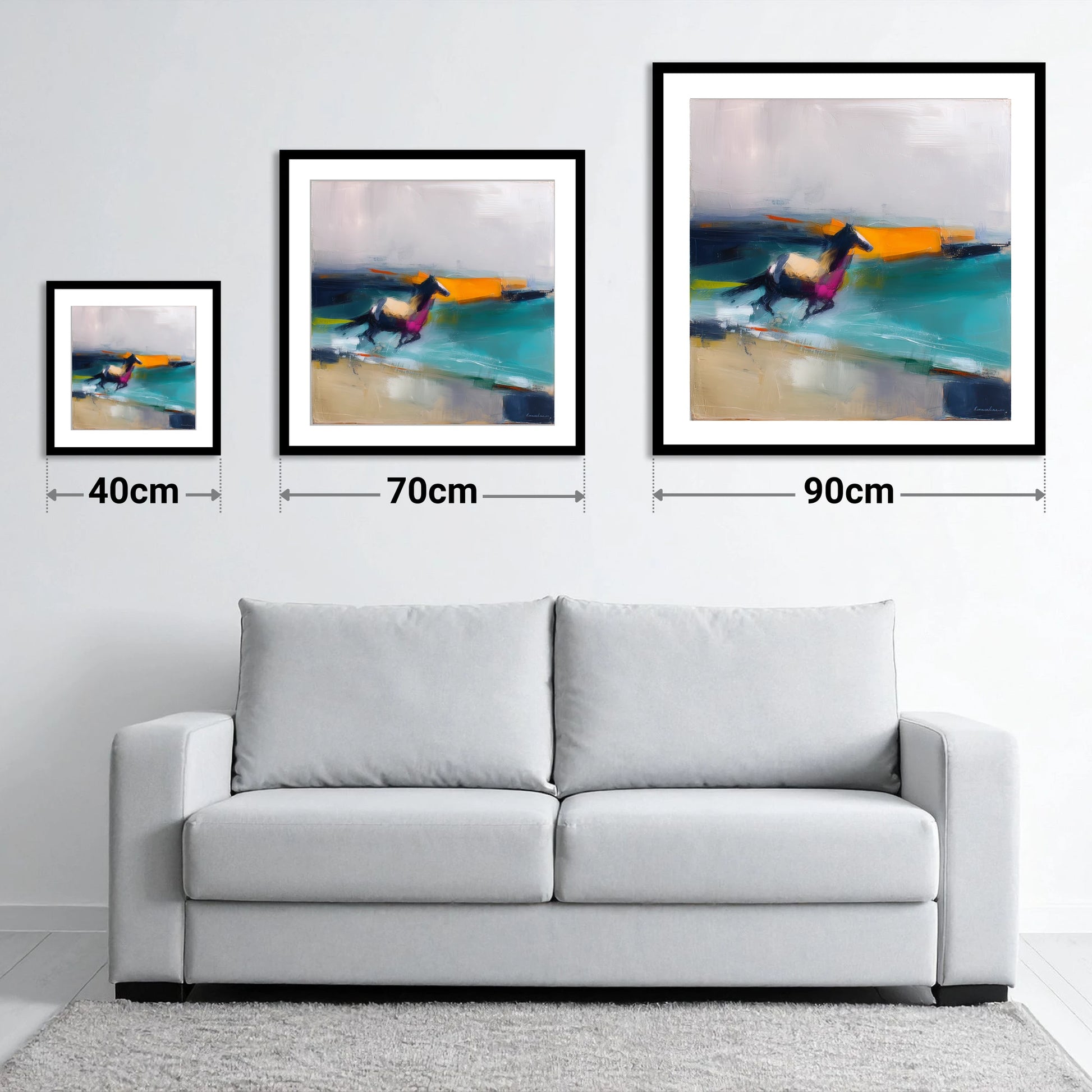 Vivid Coastal Gallop - size guide showing 40cm, 70cm and 90cm art prints
