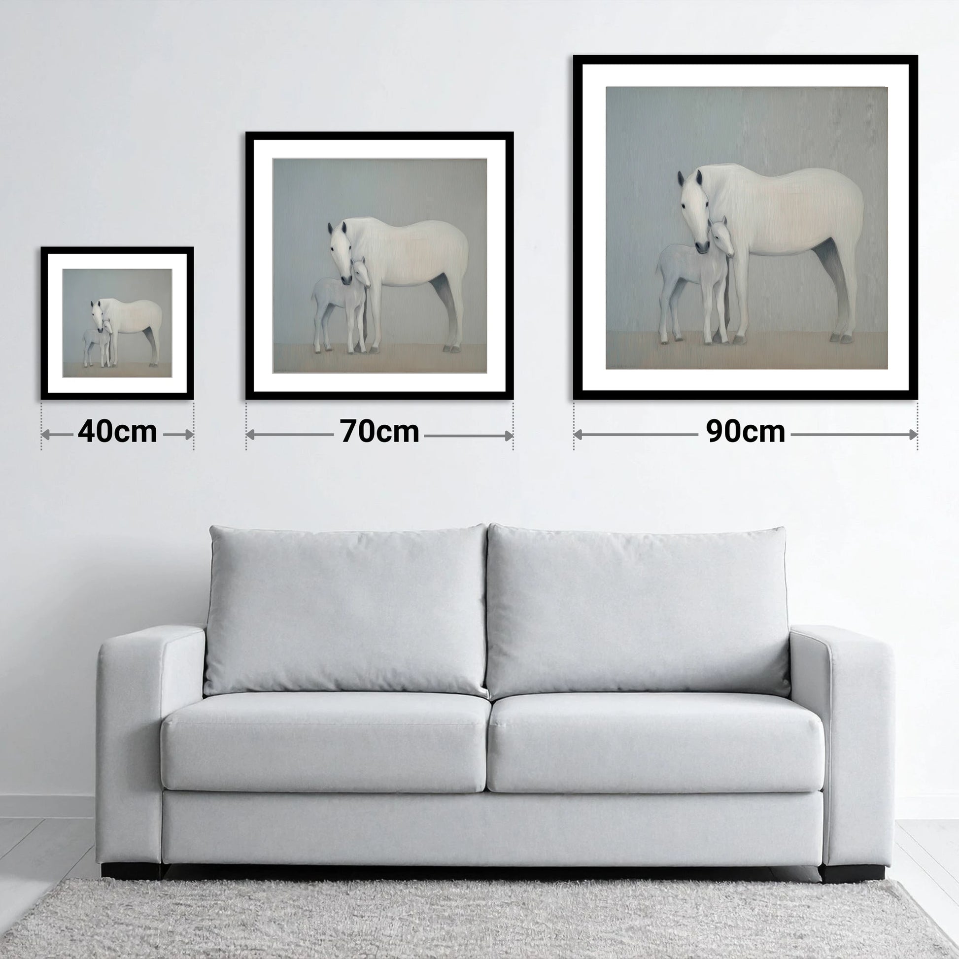 Quiet Devotion - size guide showing 40cm, 70cm and 90cm art prints