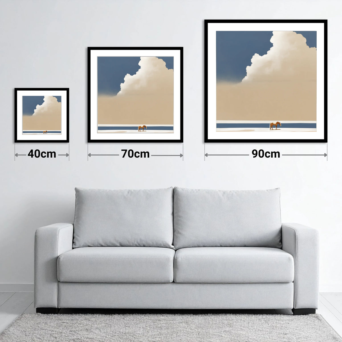 Vast Blue Expanse - size guide showing 40cm, 70cm and 90cm art prints
