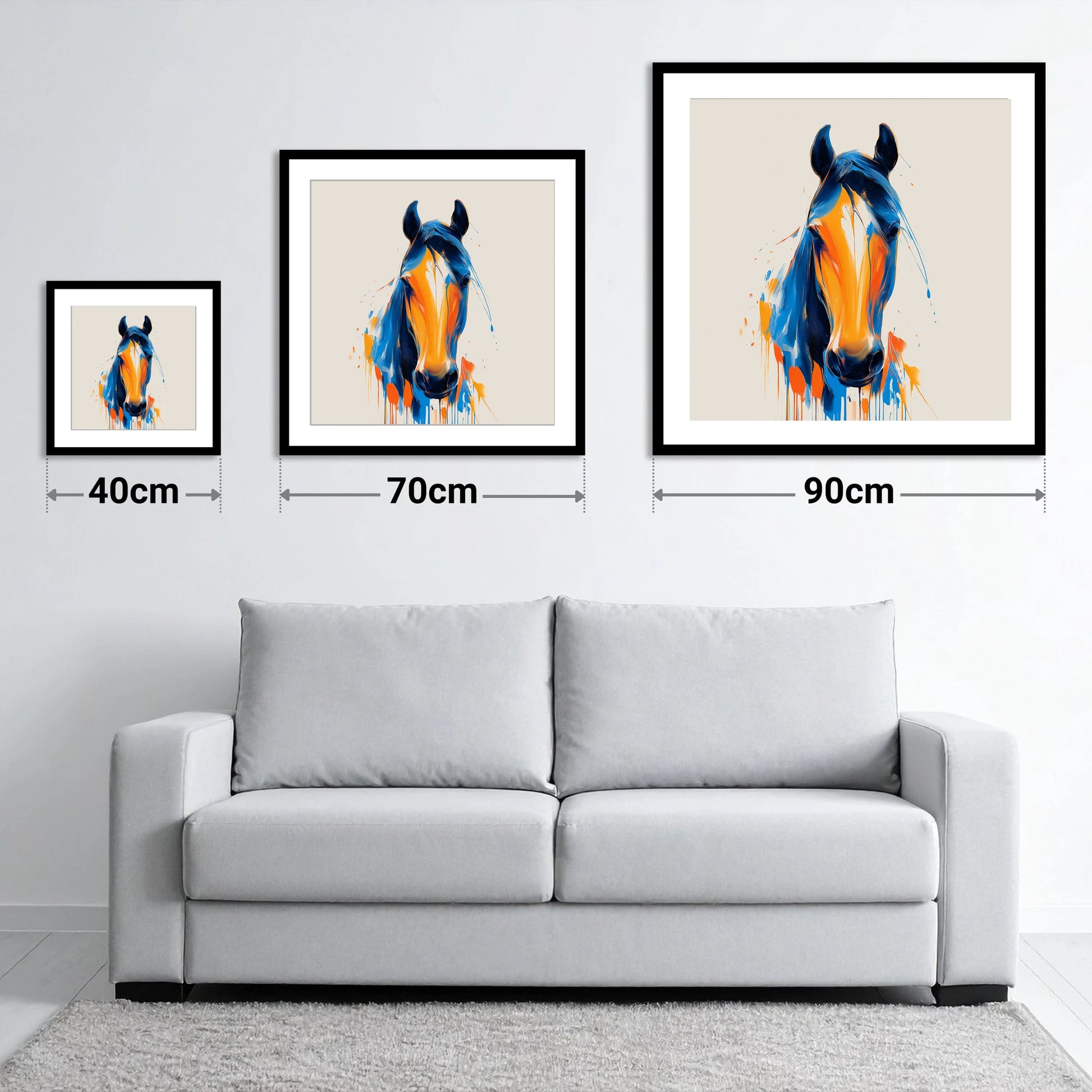 Cobalt and Sienna Spirit - size guide showing 40cm, 70cm and 90cm art prints