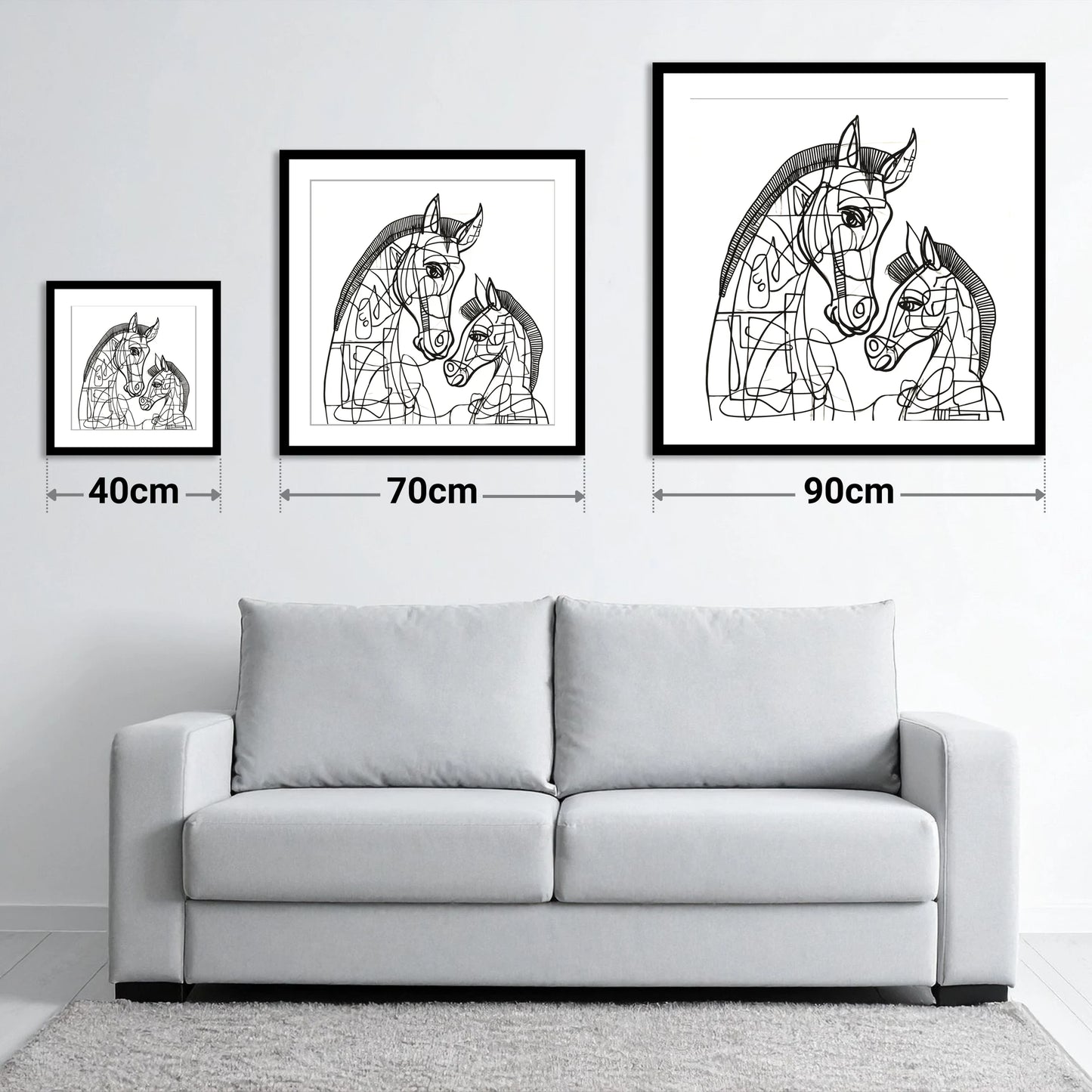 Structured Bond - size guide showing 40cm, 70cm and 90cm art prints