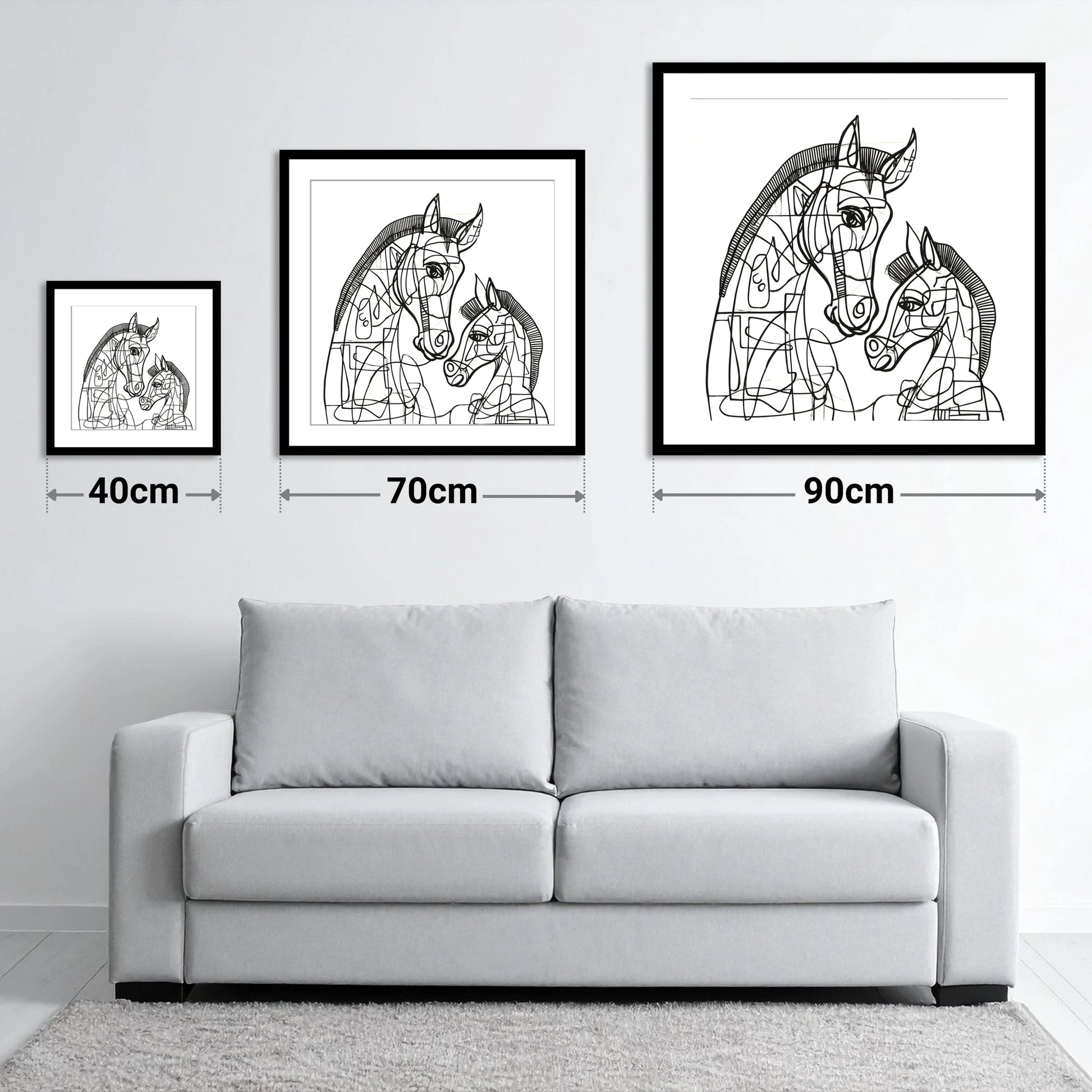 Structured Bond - size guide showing 40cm, 70cm and 90cm art prints