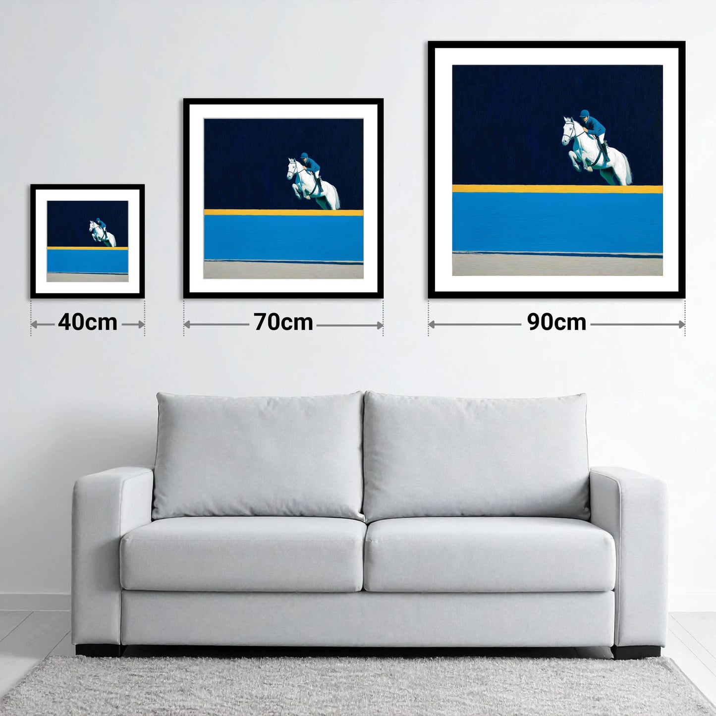 Airborne Over Azure - size guide showing 40cm, 70cm and 90cm art prints
