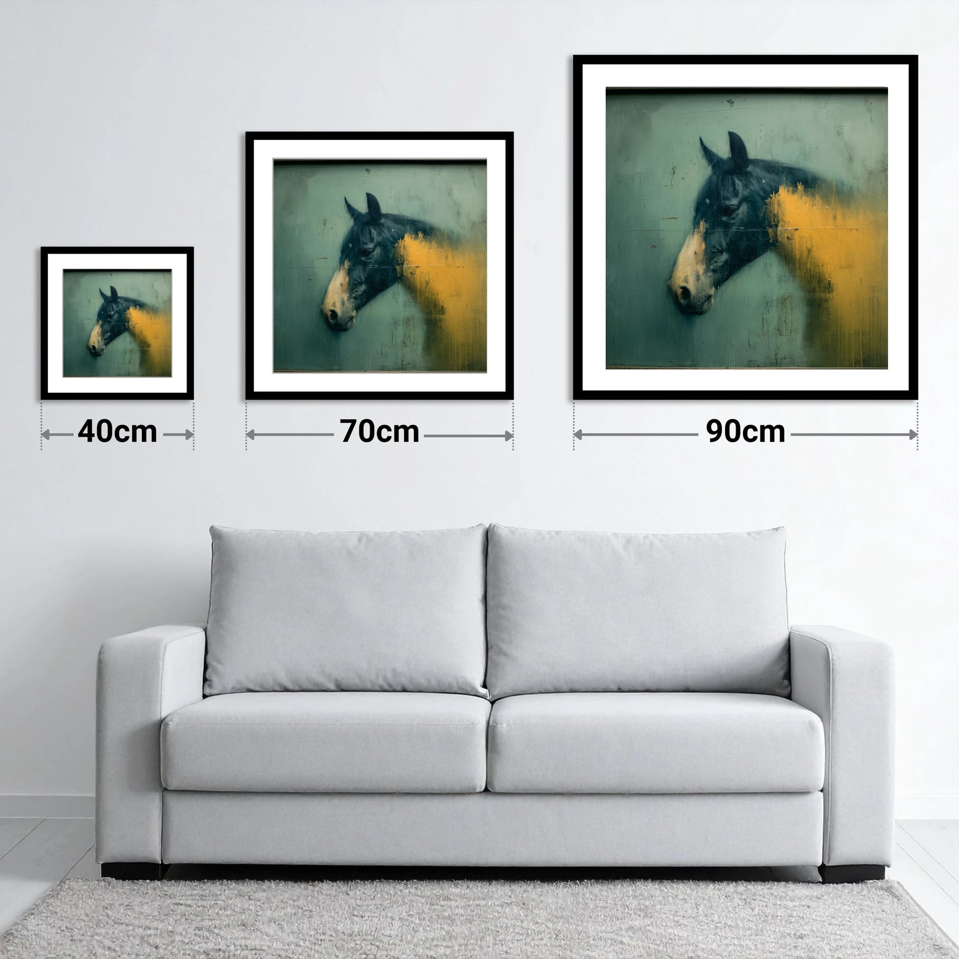Moody Ochre Profile - size guide showing 40cm, 70cm and 90cm art prints