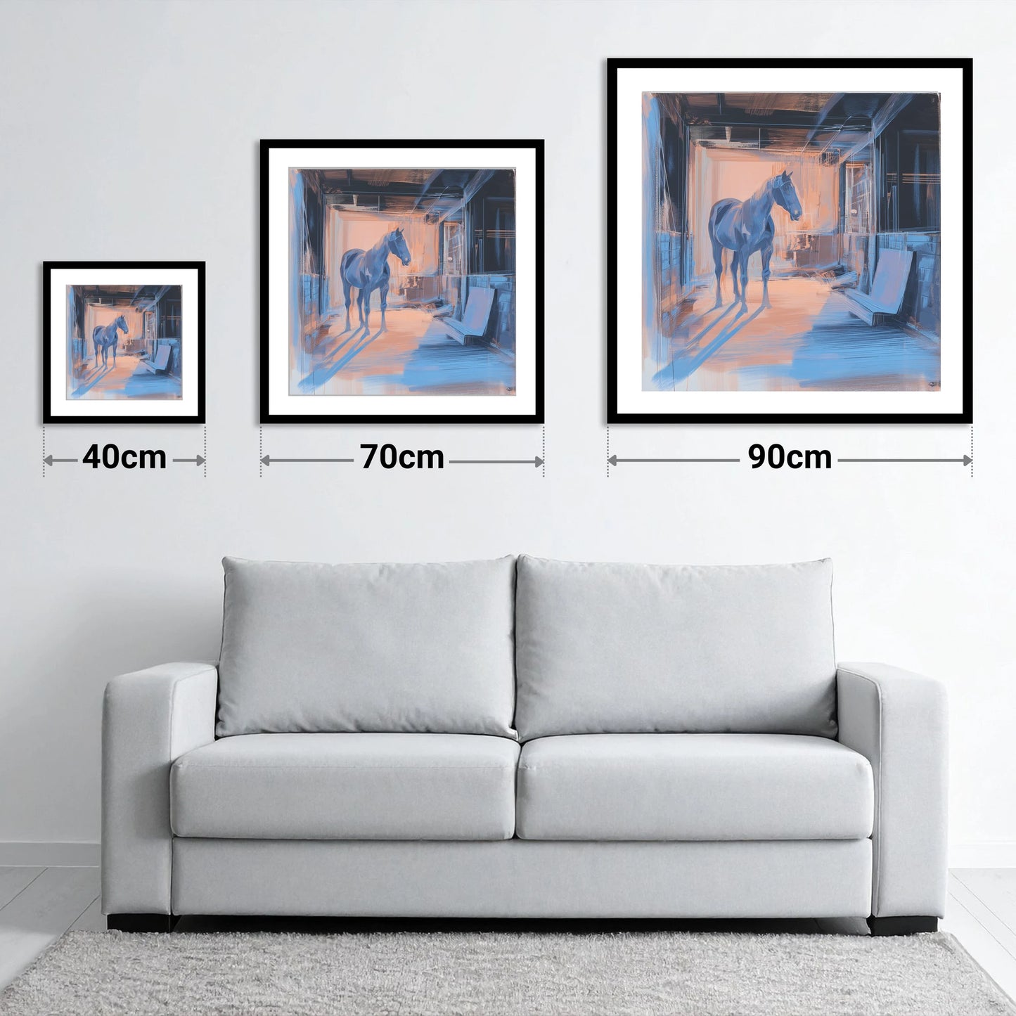 The Quiet Aisle - size guide showing 40cm, 70cm and 90cm art prints