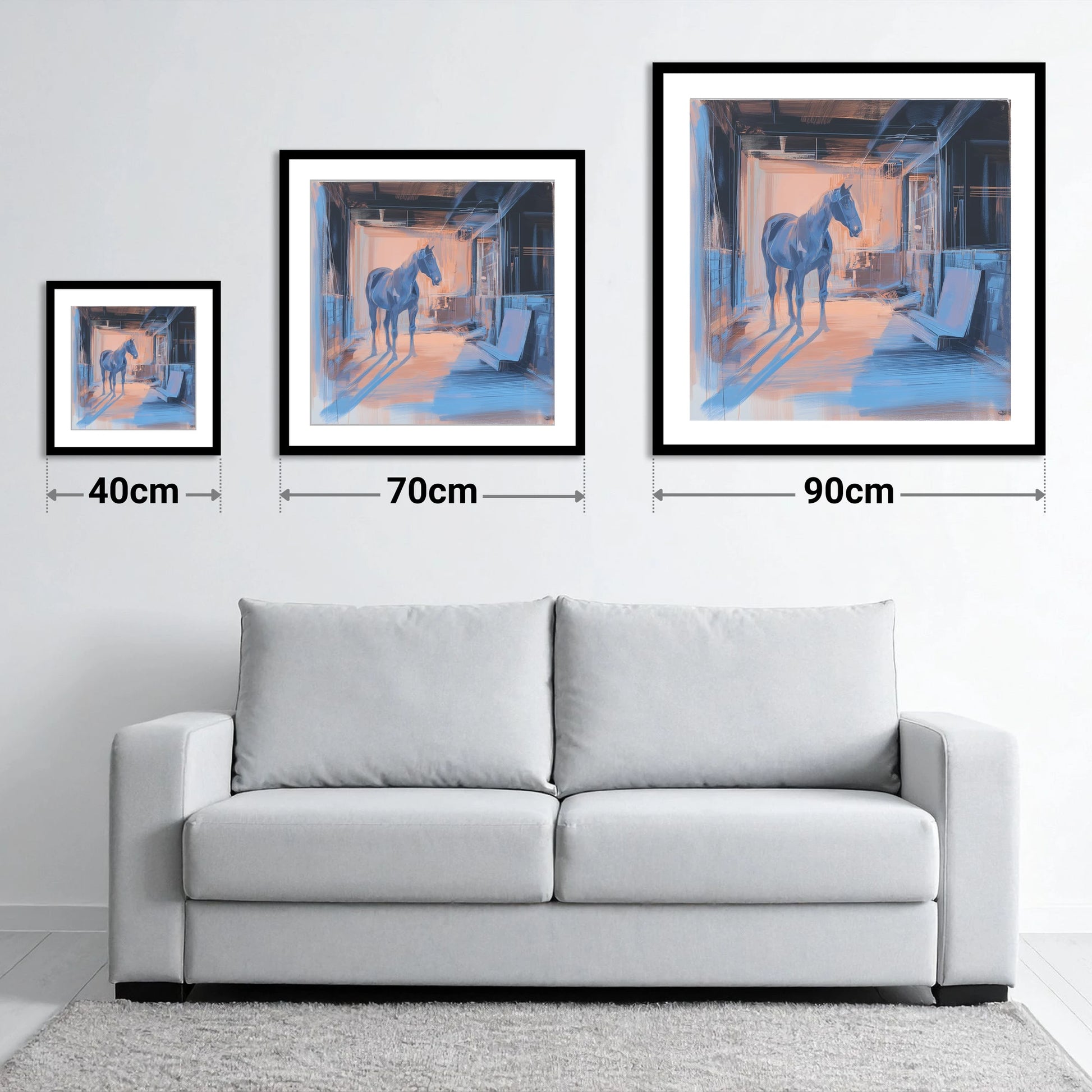 The Quiet Aisle - size guide showing 40cm, 70cm and 90cm art prints