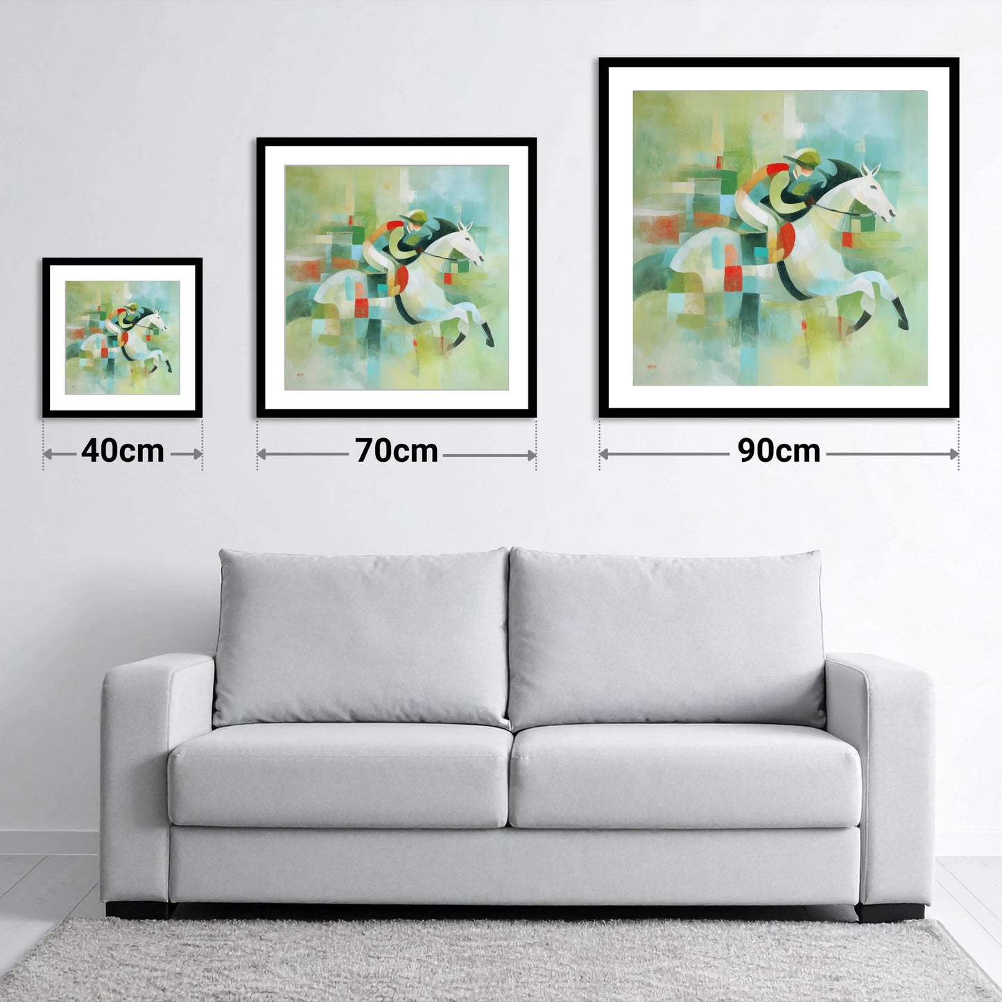 Modern Turf Mosaic - size guide showing 40cm, 70cm and 90cm art prints