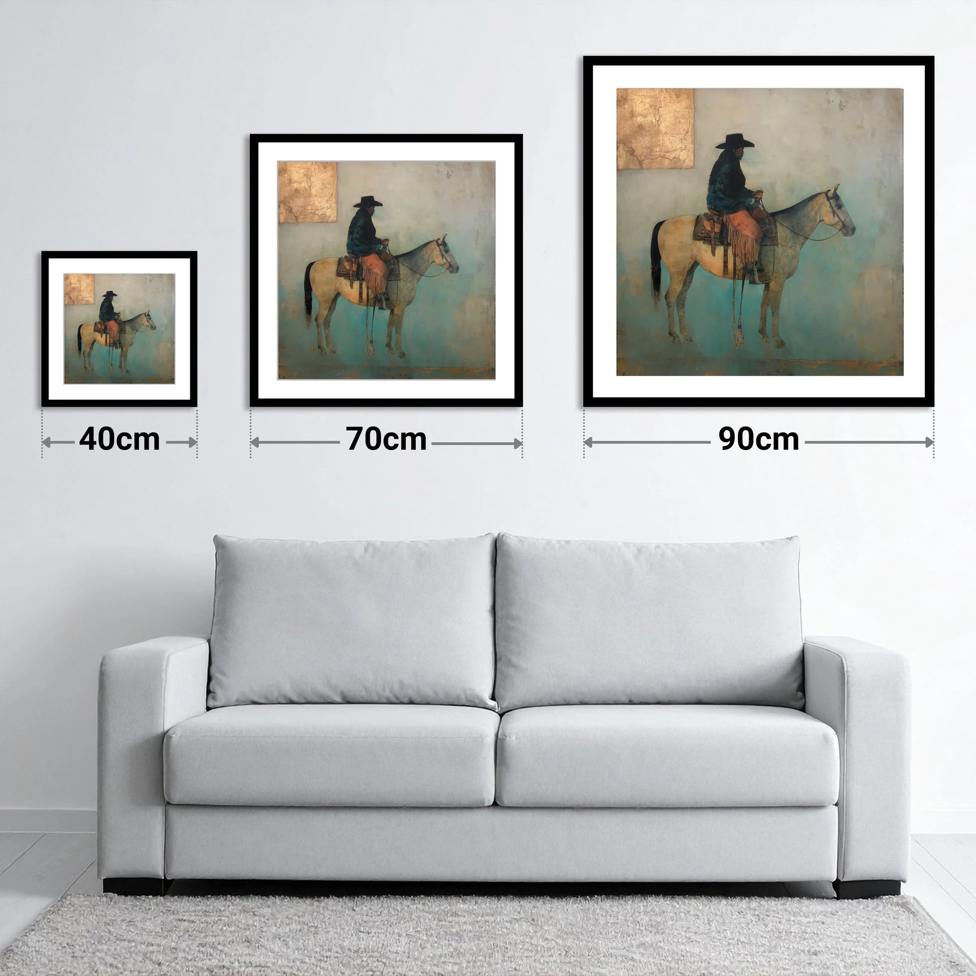 The Quiet Frontier - size guide showing 40cm, 70cm and 90cm art prints