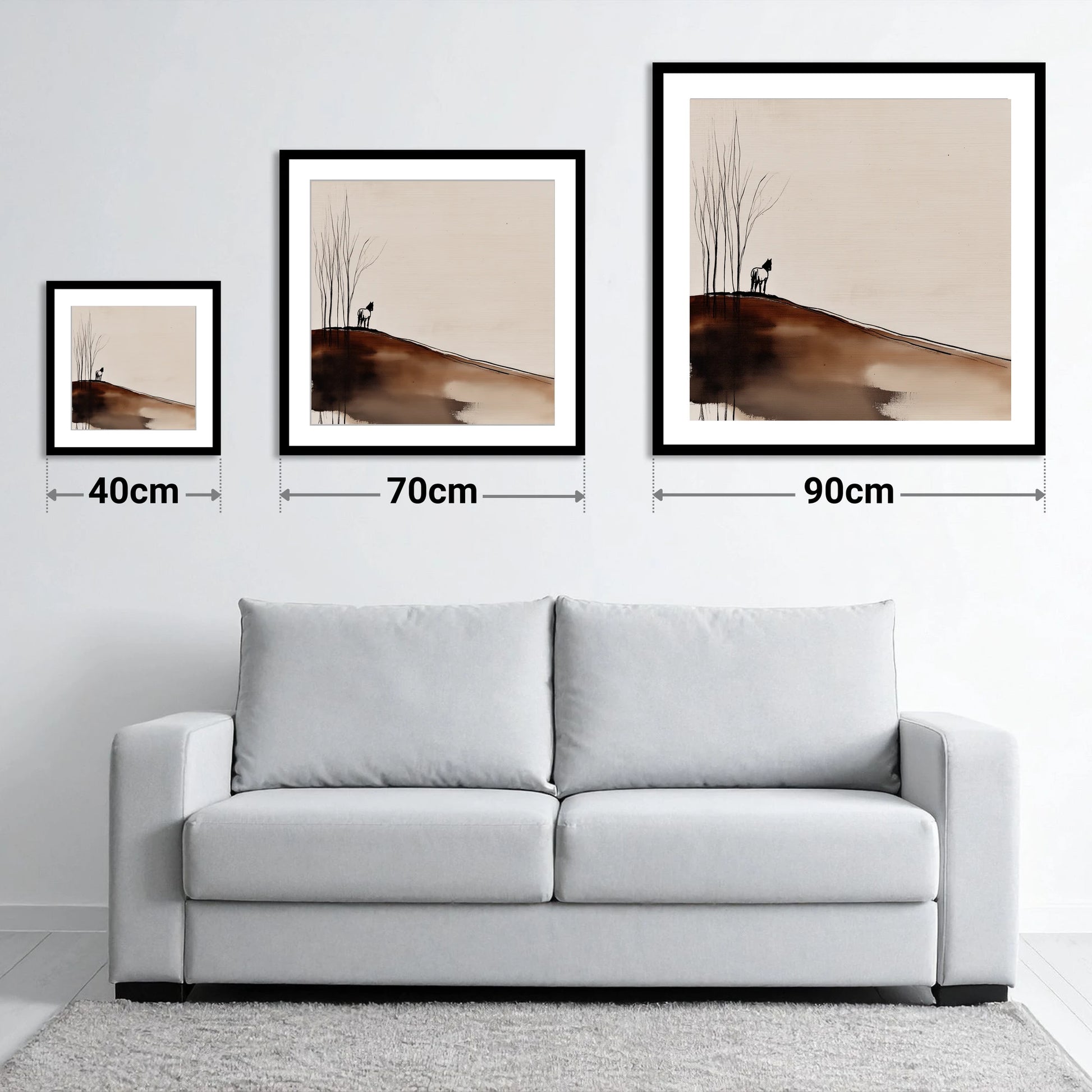 Winter Ridge Silhouette - size guide showing 40cm, 70cm and 90cm art prints