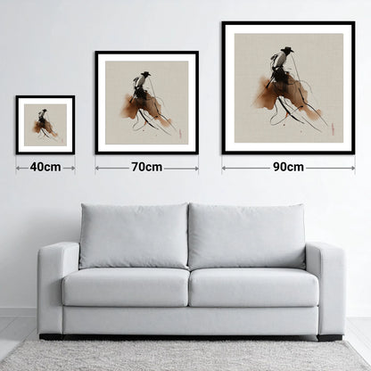 The Sepia Rider - size guide showing 40cm, 70cm and 90cm art prints