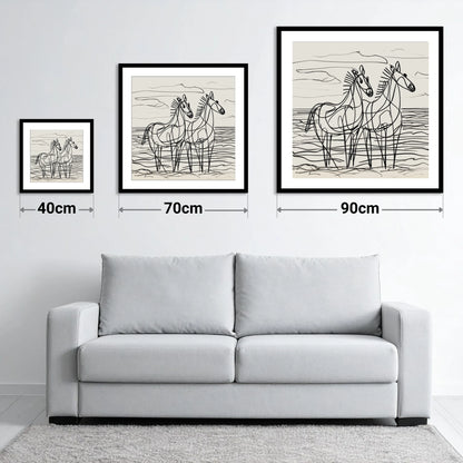 Linear Equine Companions - size guide showing 40cm, 70cm and 90cm art prints