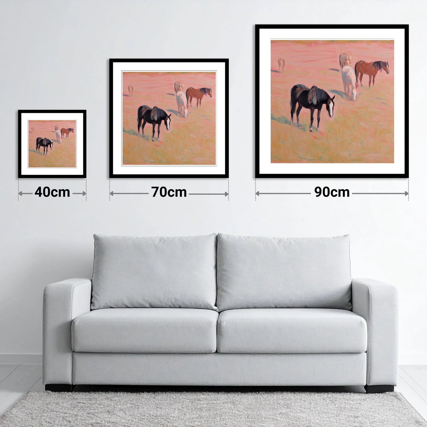 Dusky Rosa Pastures - size guide showing 40cm, 70cm and 90cm art prints