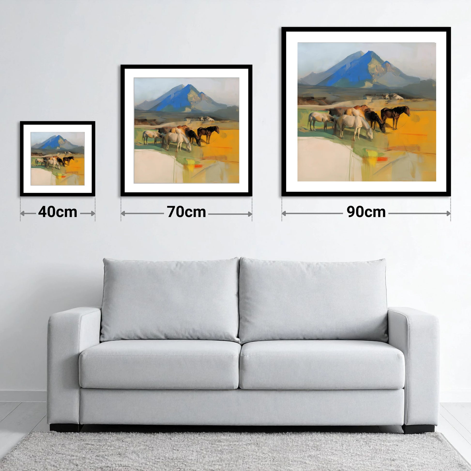 Grazing Beneath Cerulean Peaks - size guide showing 40cm, 70cm and 90cm art prints