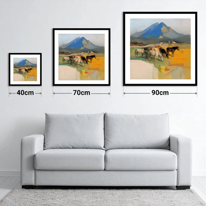 Grazing Beneath Cerulean Peaks - size guide showing 40cm, 70cm and 90cm art prints