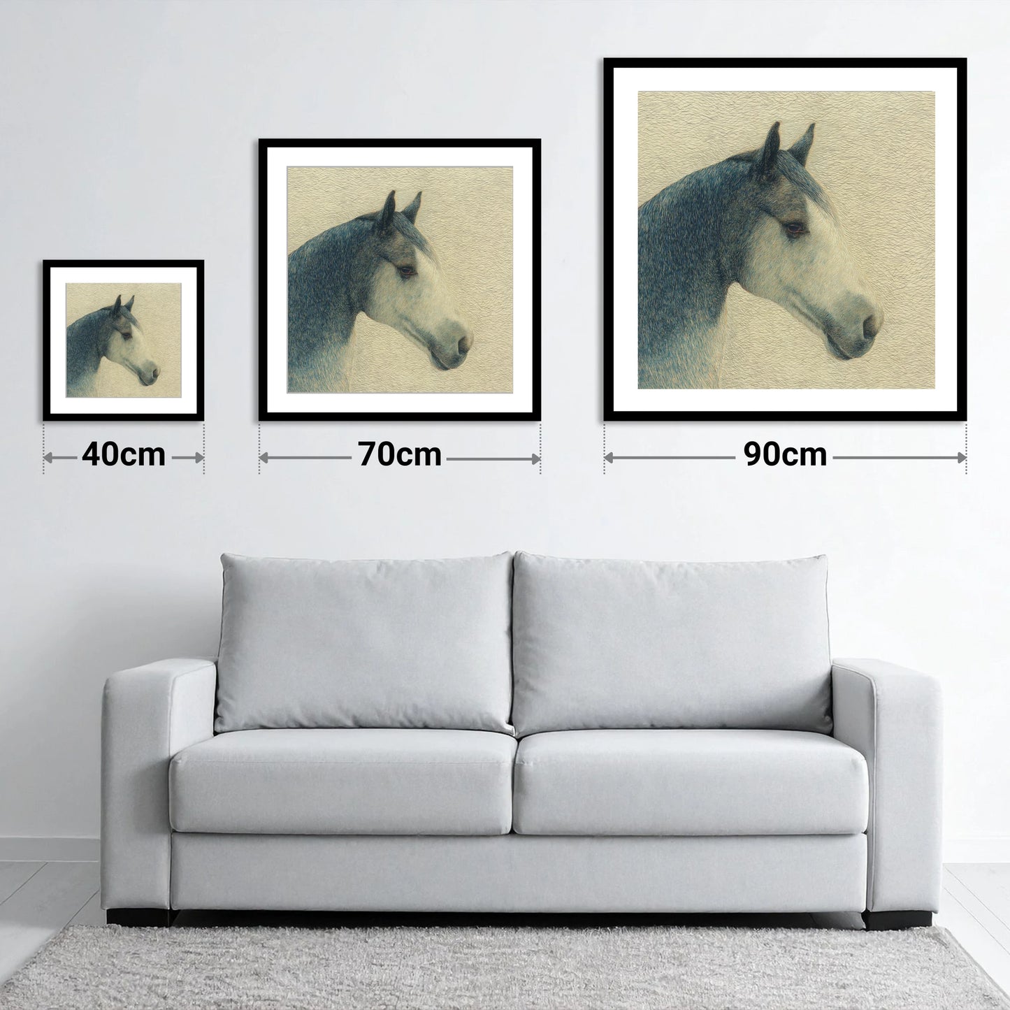 Serene Slate Profile - size guide showing 40cm, 70cm and 90cm art prints
