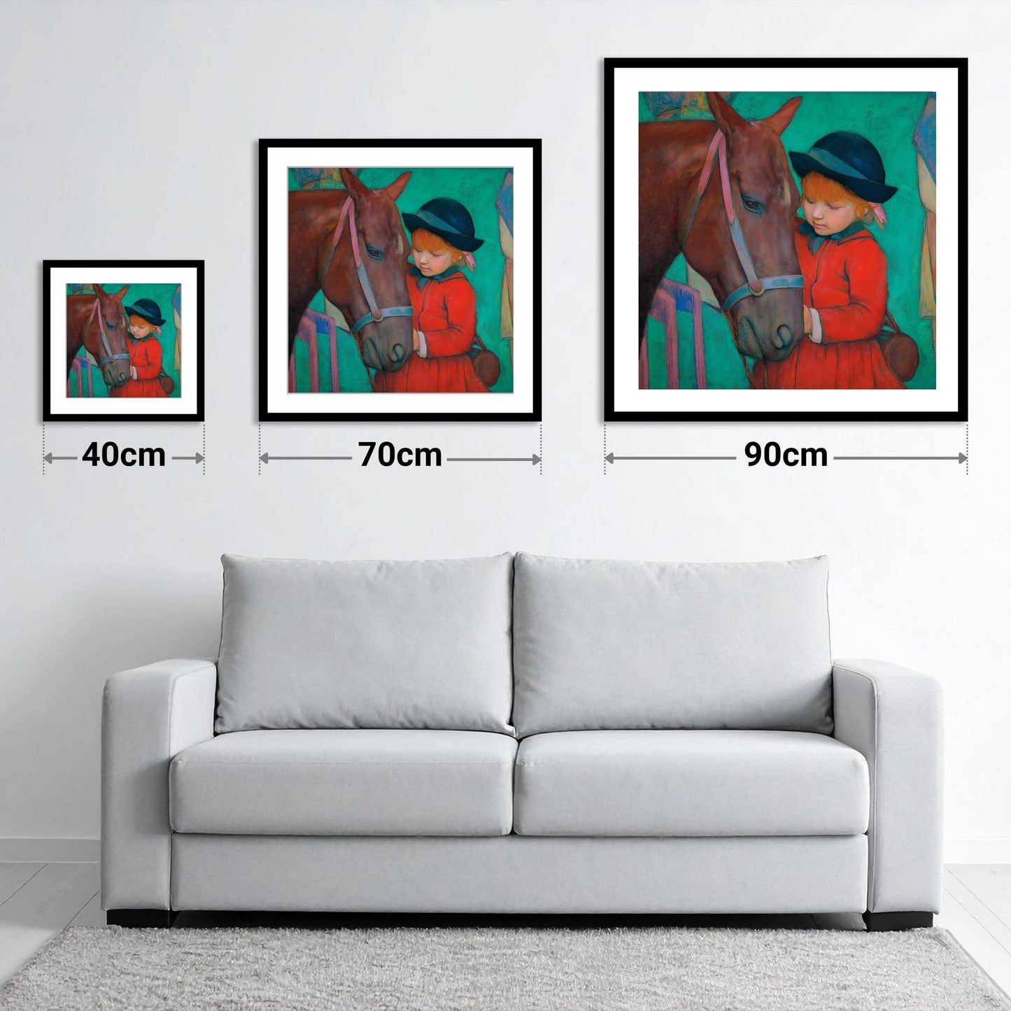 The Gentle Introduction - size guide showing 40cm, 70cm and 90cm art prints