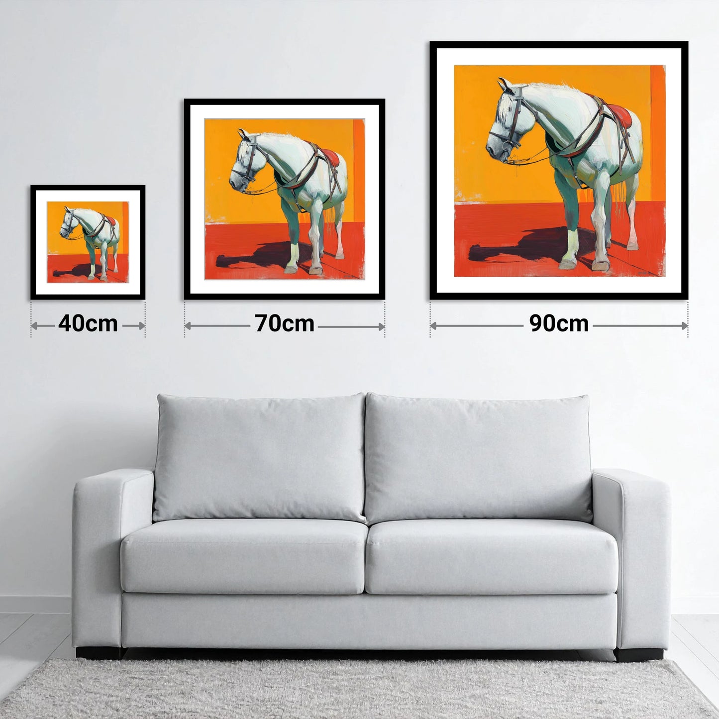 Vibrant Harnessed Grey - size guide showing 40cm, 70cm and 90cm art prints