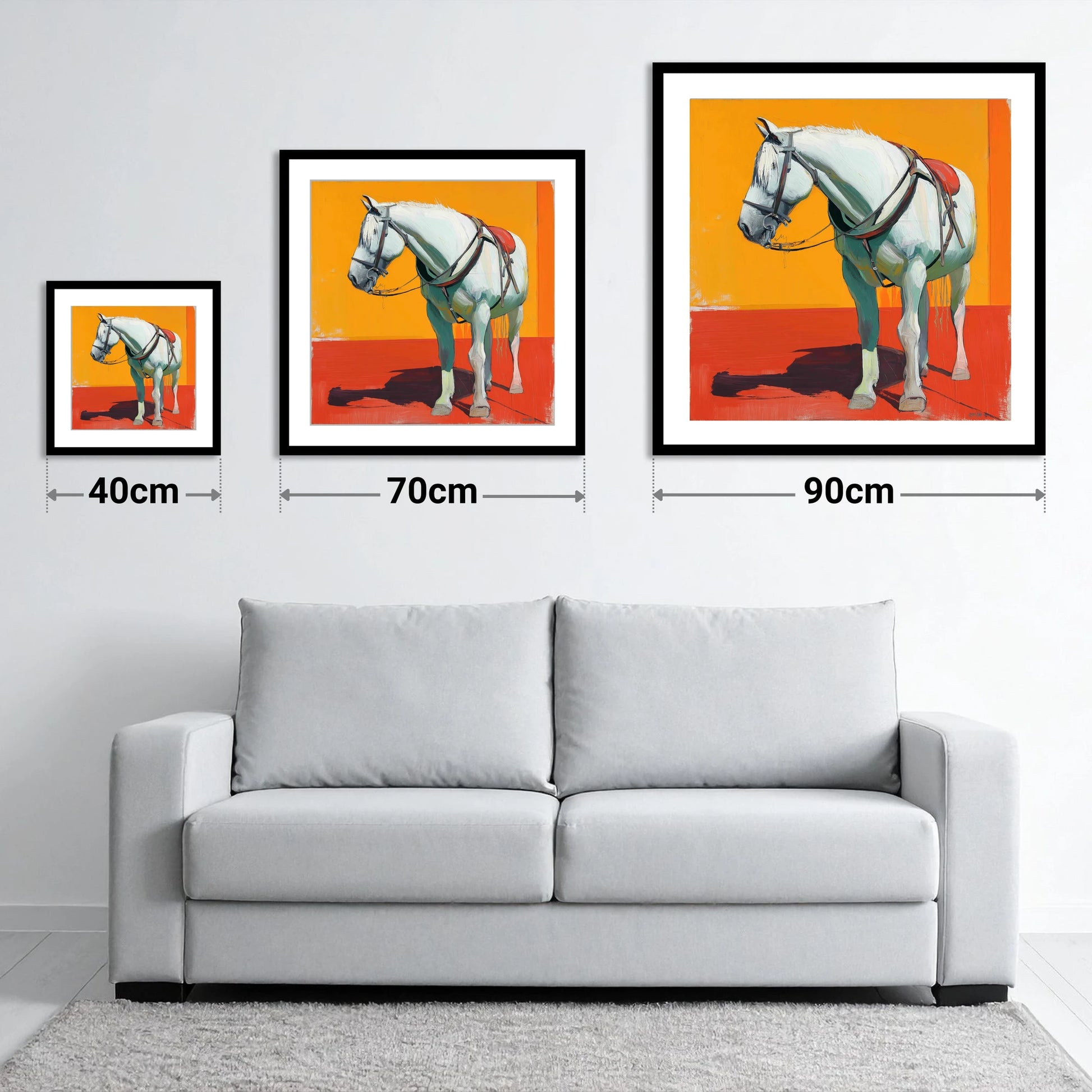 Vibrant Harnessed Grey - size guide showing 40cm, 70cm and 90cm art prints