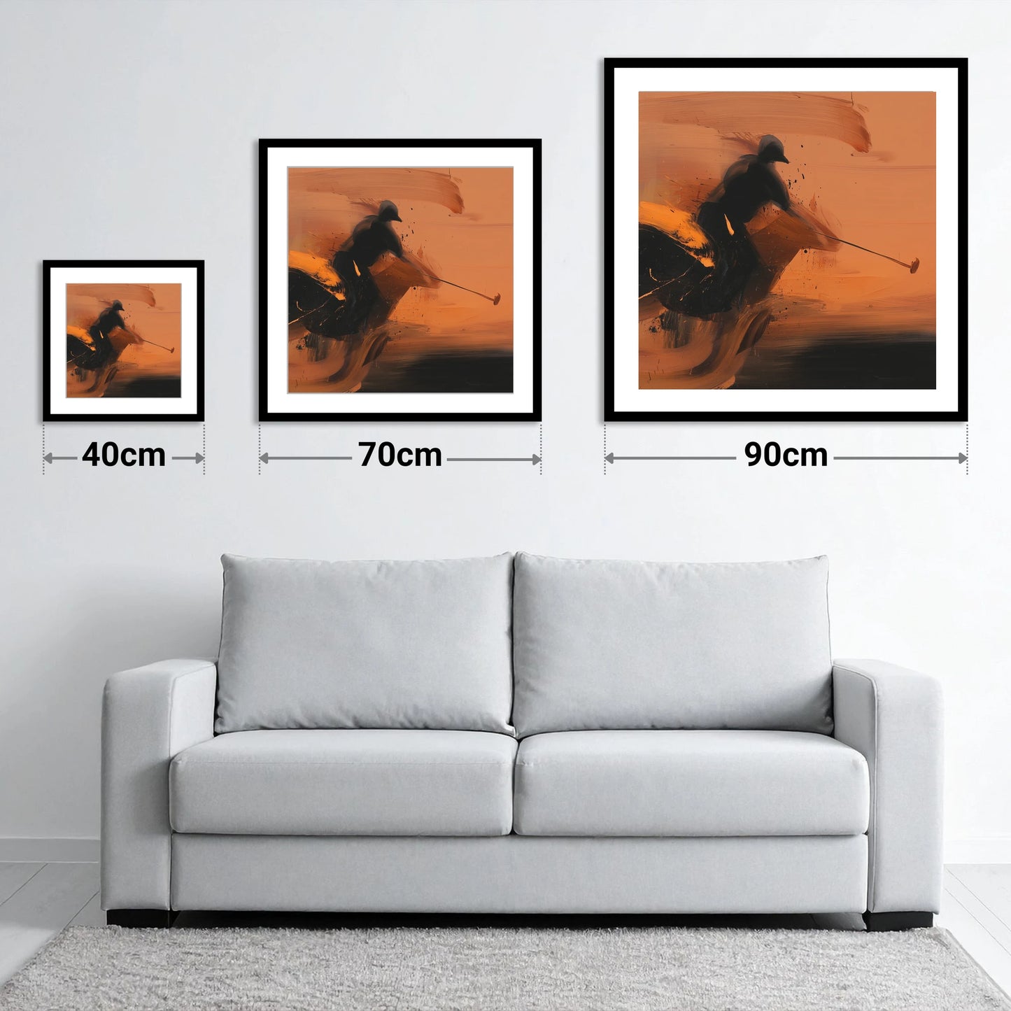 Strike in Amber - size guide showing 40cm, 70cm and 90cm art prints