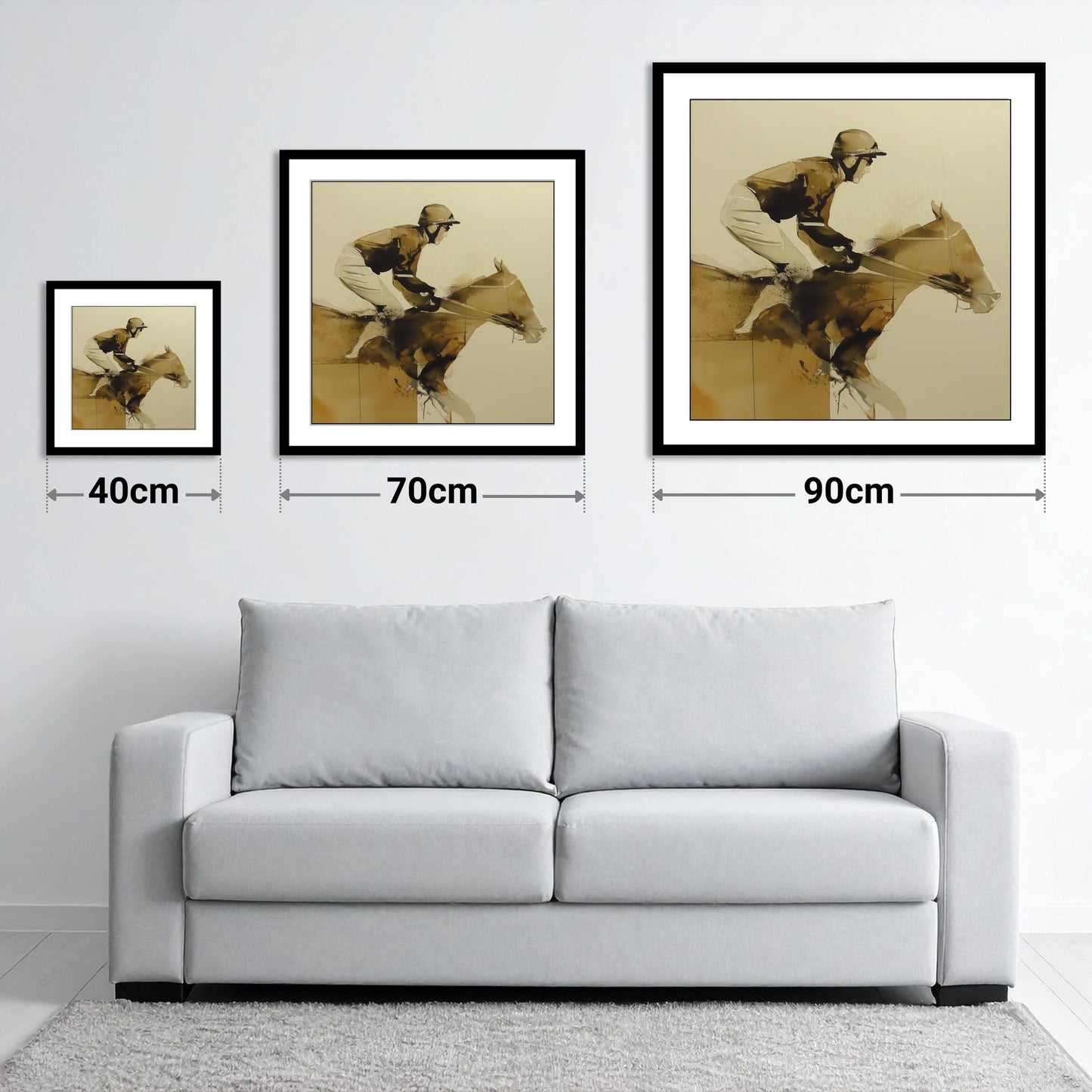 The Final Fence - size guide showing 40cm, 70cm and 90cm art prints