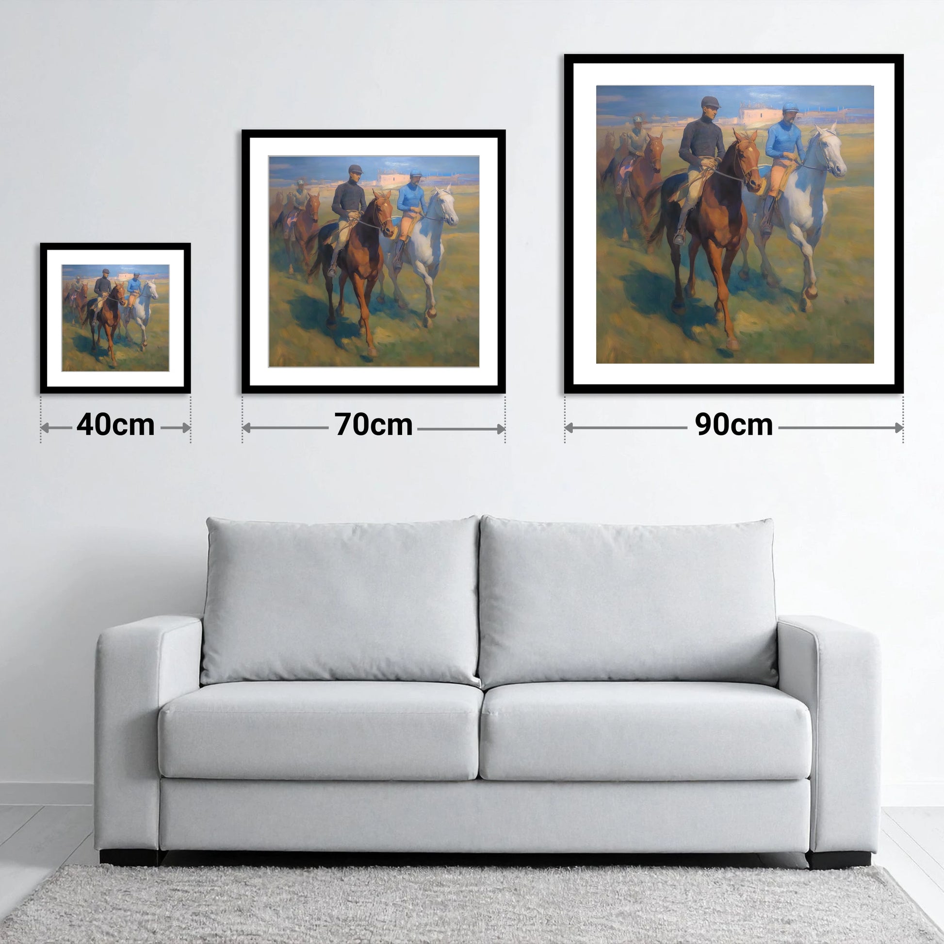 The Dawn String - size guide showing 40cm, 70cm and 90cm art prints