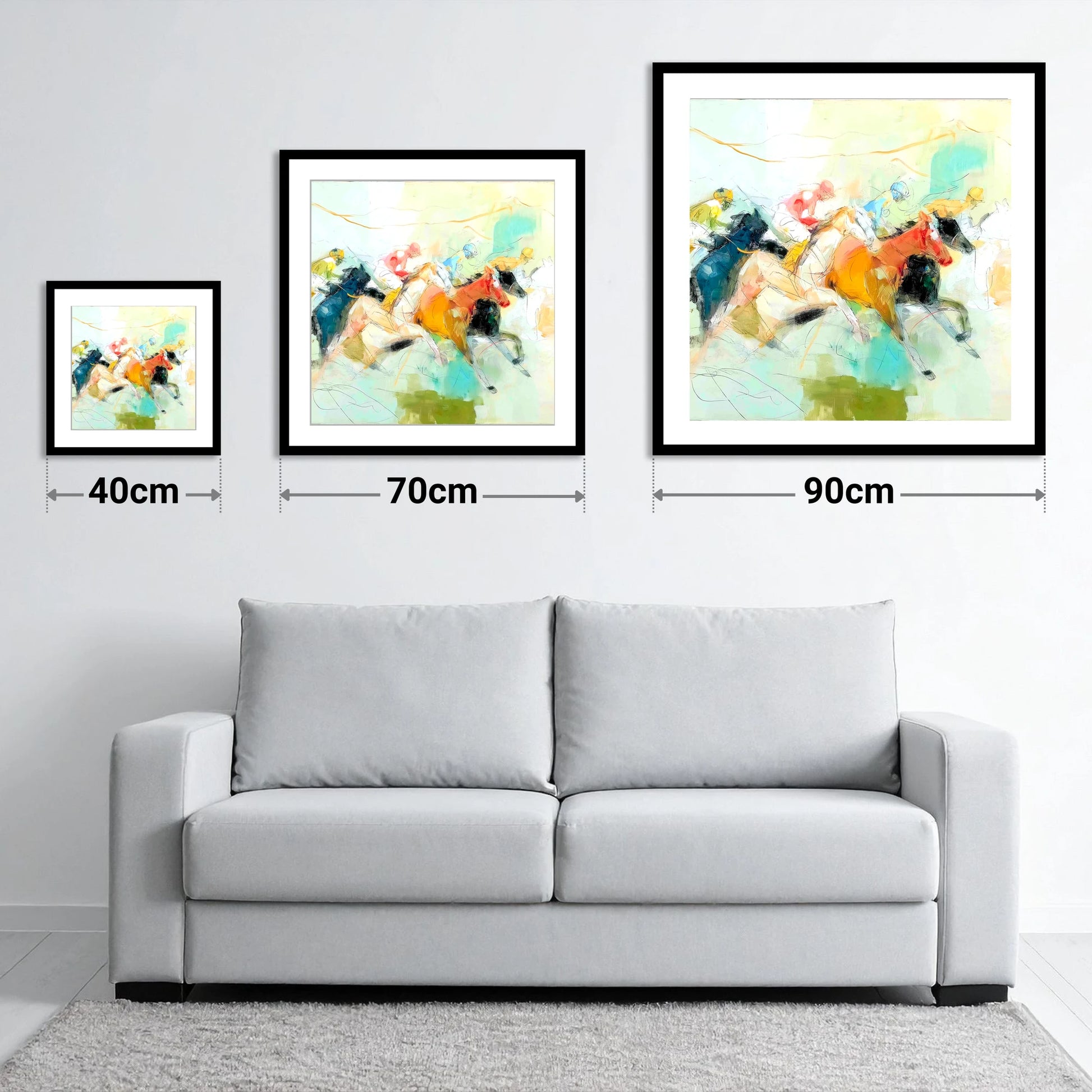Rush to the Line - size guide showing 40cm, 70cm and 90cm art prints