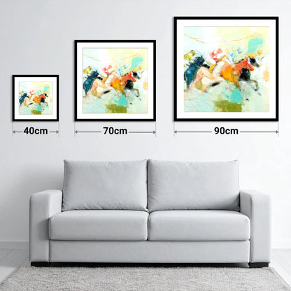 Rush to the Line - size guide showing 40cm, 70cm and 90cm art prints