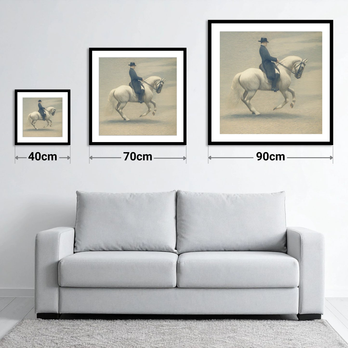 Classical Dressage Harmony - size guide showing 40cm, 70cm and 90cm art prints