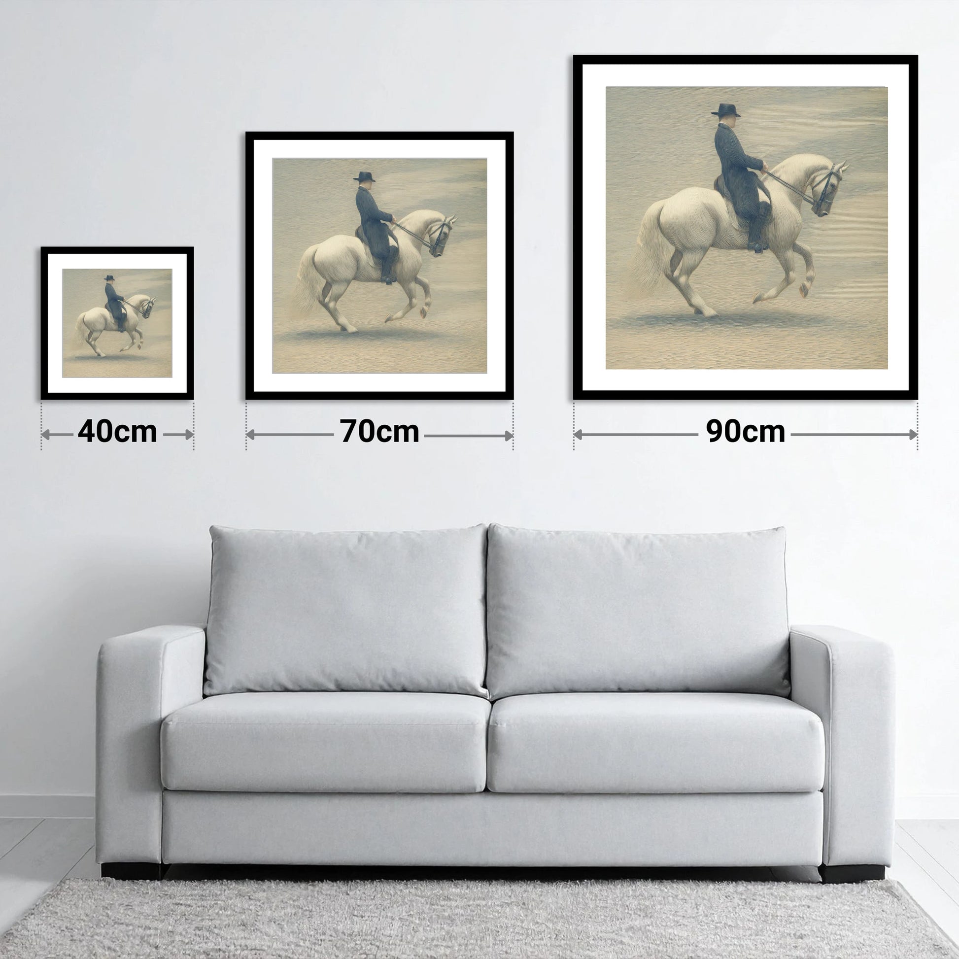 Classical Dressage Harmony - size guide showing 40cm, 70cm and 90cm art prints
