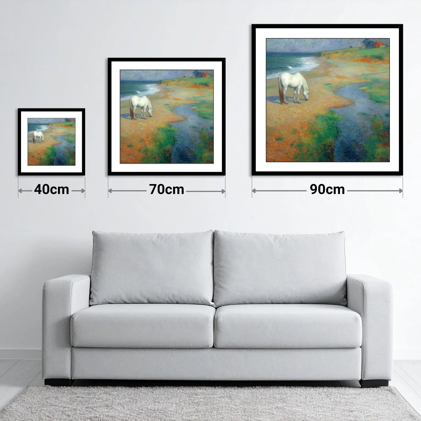 Vibrant Coastal Grazing - size guide showing 40cm, 70cm and 90cm art prints