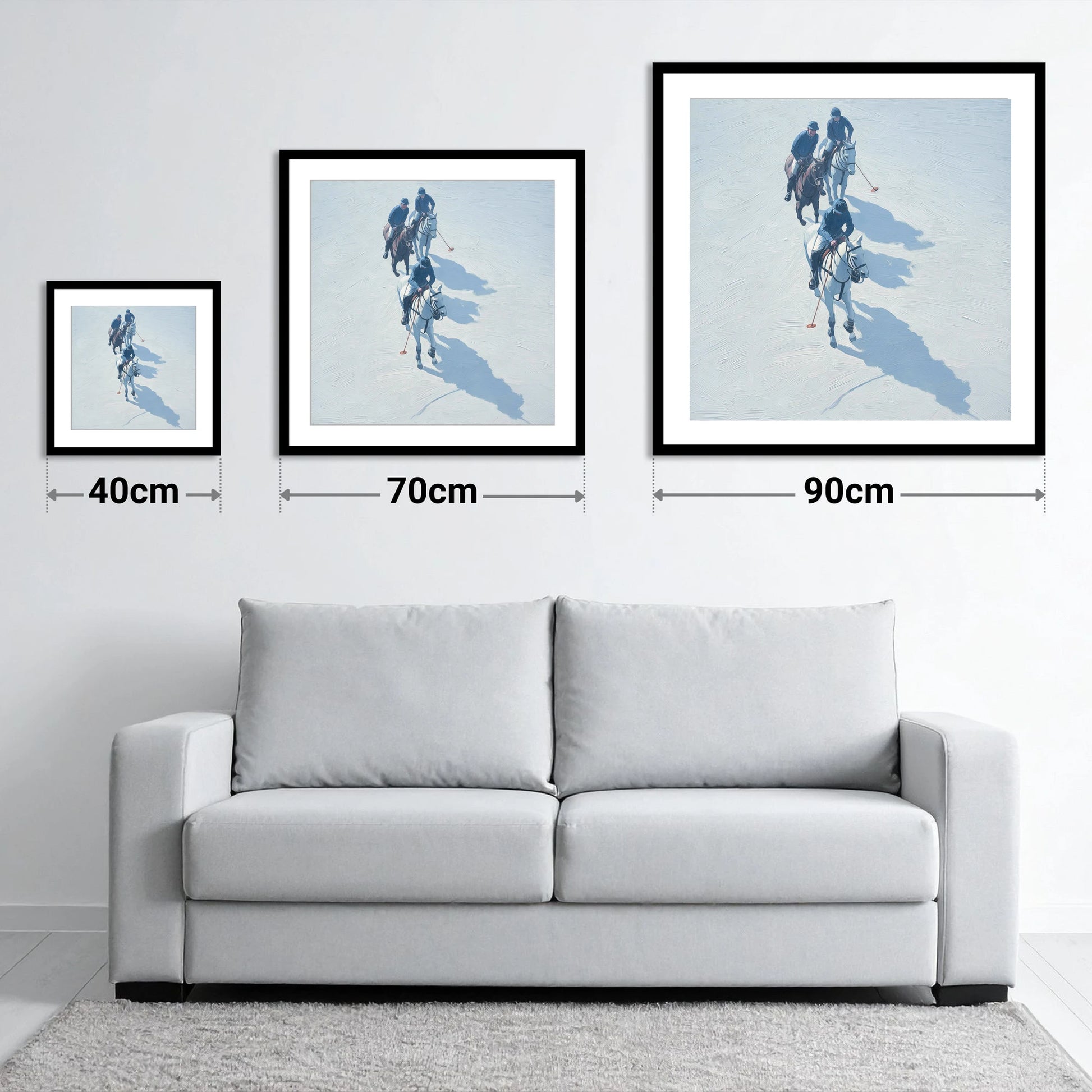 The Long Shadow Chukka - size guide showing 40cm, 70cm and 90cm art prints