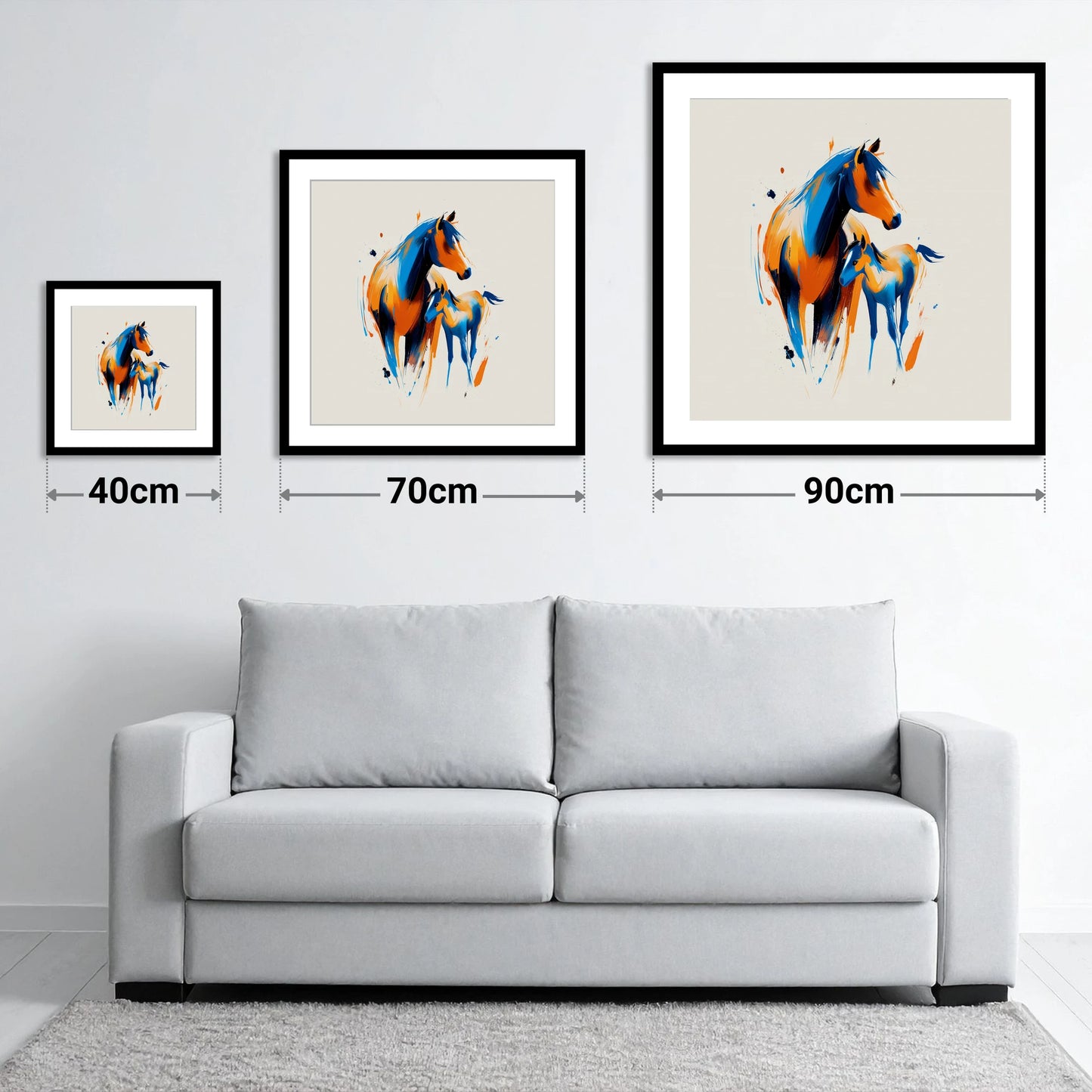 Azure and Amber Bond - size guide showing 40cm, 70cm and 90cm art prints