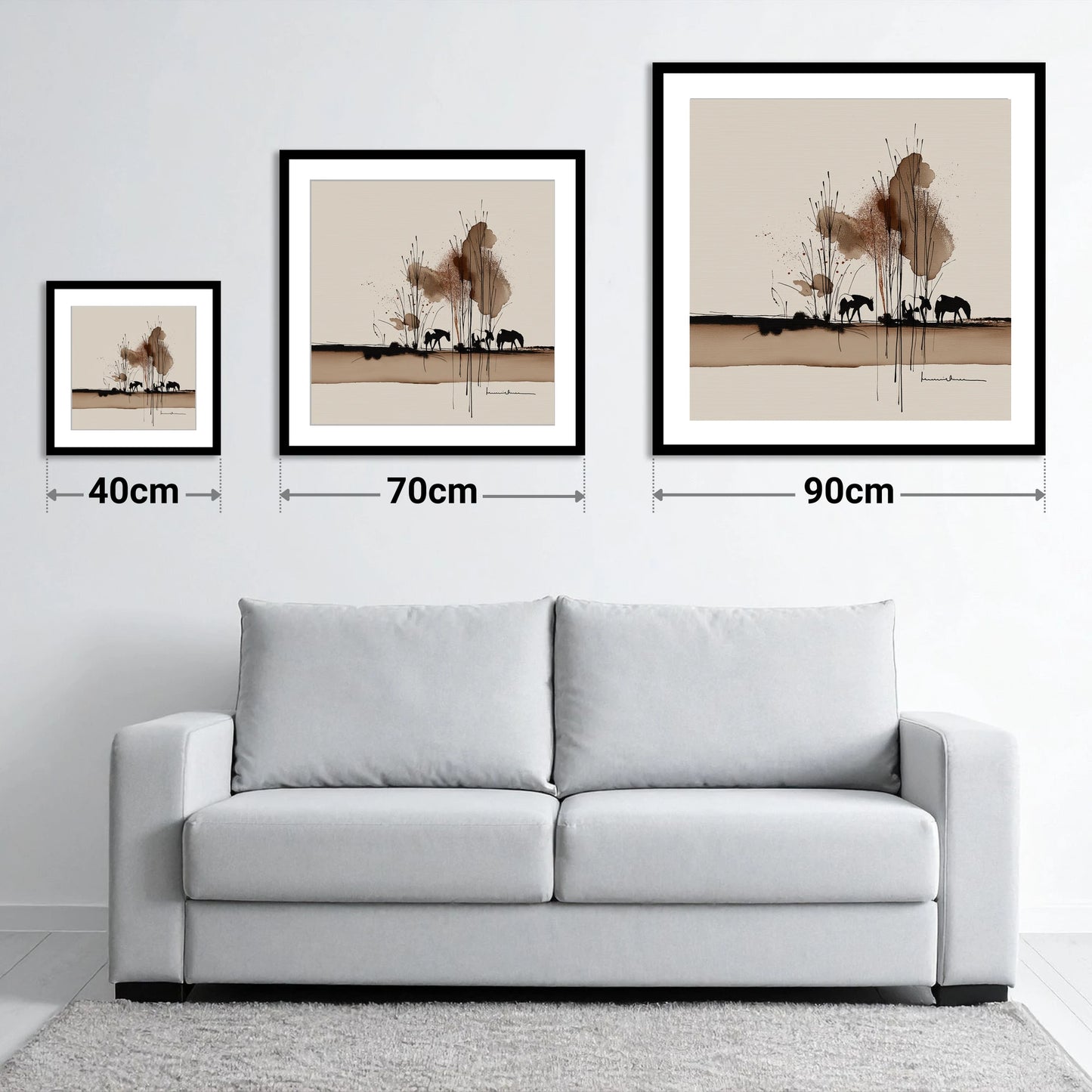 Grazing in Sepia Shadows - size guide showing 40cm, 70cm and 90cm art prints