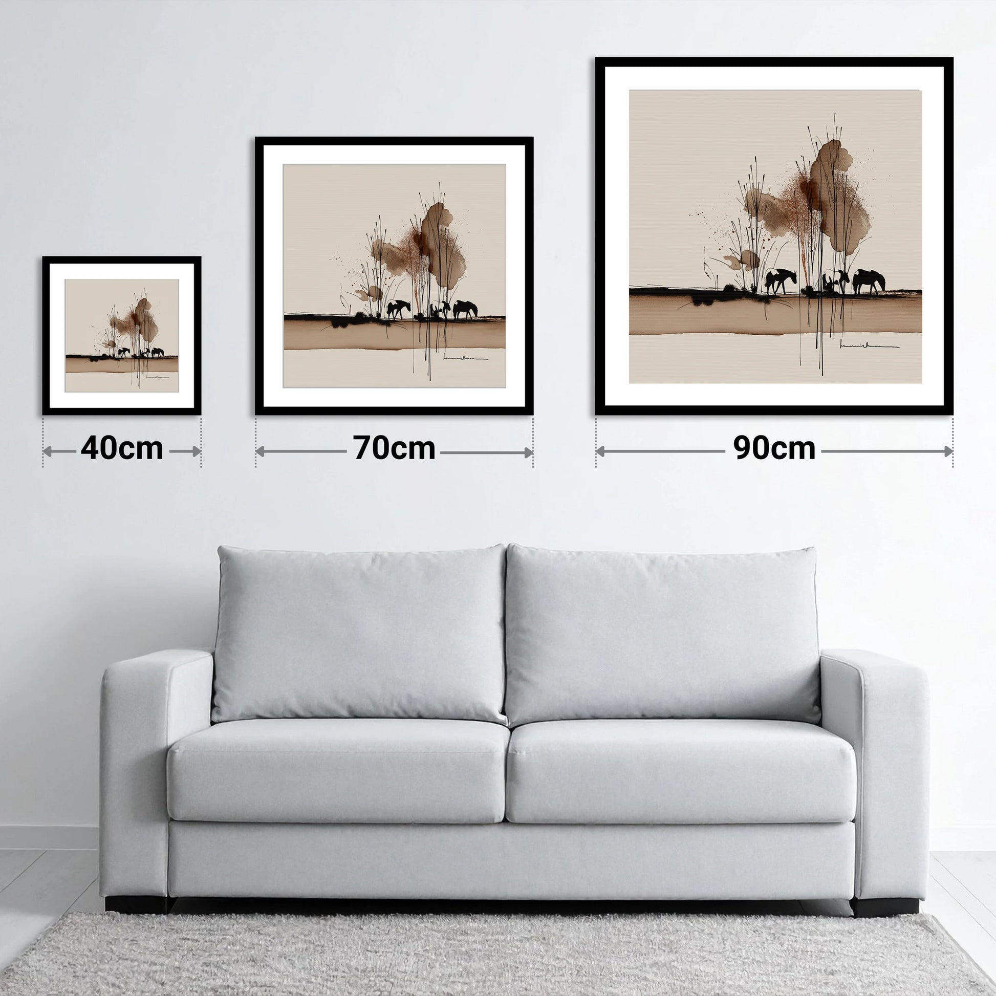 Grazing in Sepia Shadows - size guide showing 40cm, 70cm and 90cm art prints