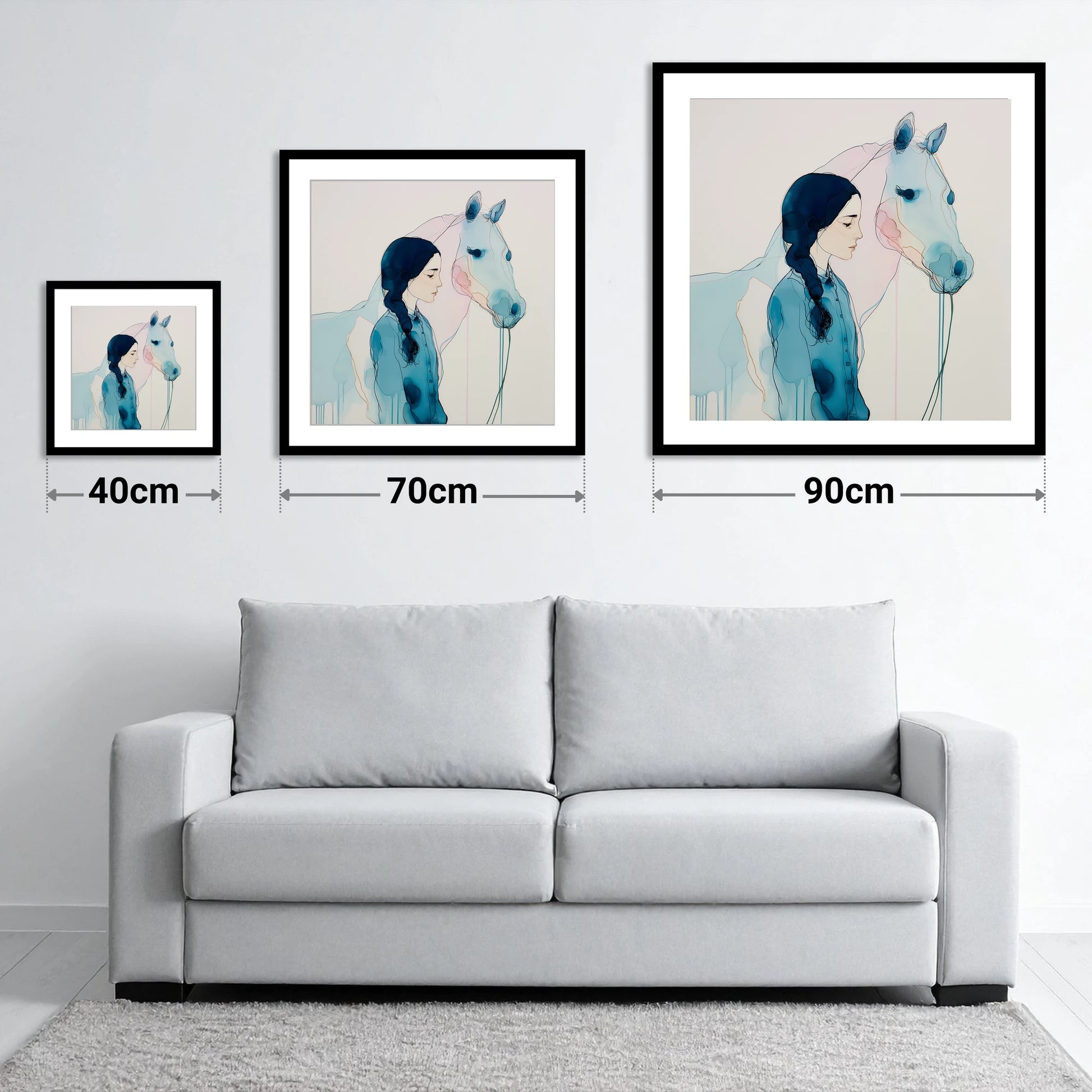 Ethereal Bond - size guide showing 40cm, 70cm and 90cm art prints