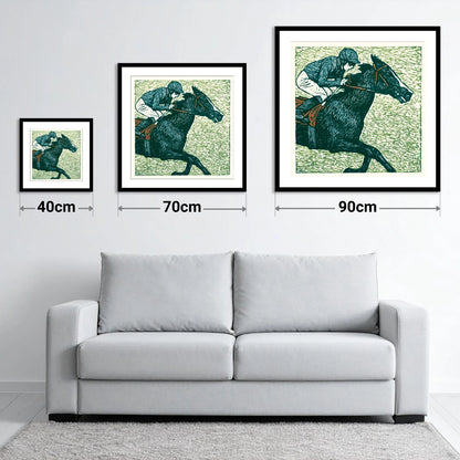 The Final Furlong - size guide showing 40cm, 70cm and 90cm art prints