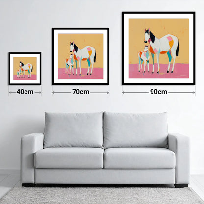 Vibrant Geometric Bond - size guide showing 40cm, 70cm and 90cm art prints