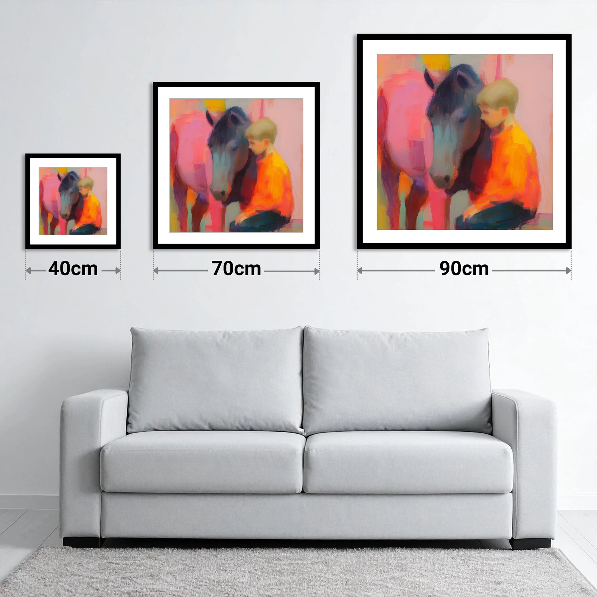 Vibrant Embrace - size guide showing 40cm, 70cm and 90cm art prints