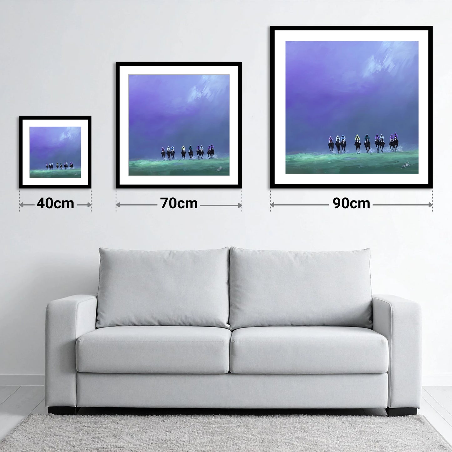 Charge Under Violet Skies - size guide showing 40cm, 70cm and 90cm art prints
