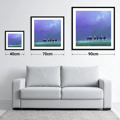 Charge Under Violet Skies - size guide showing 40cm, 70cm and 90cm art prints
