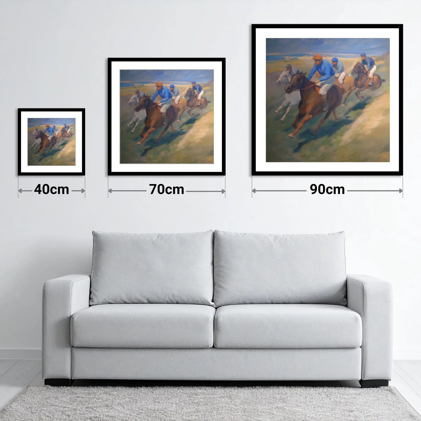 The Classic Chase - size guide showing 40cm, 70cm and 90cm art prints