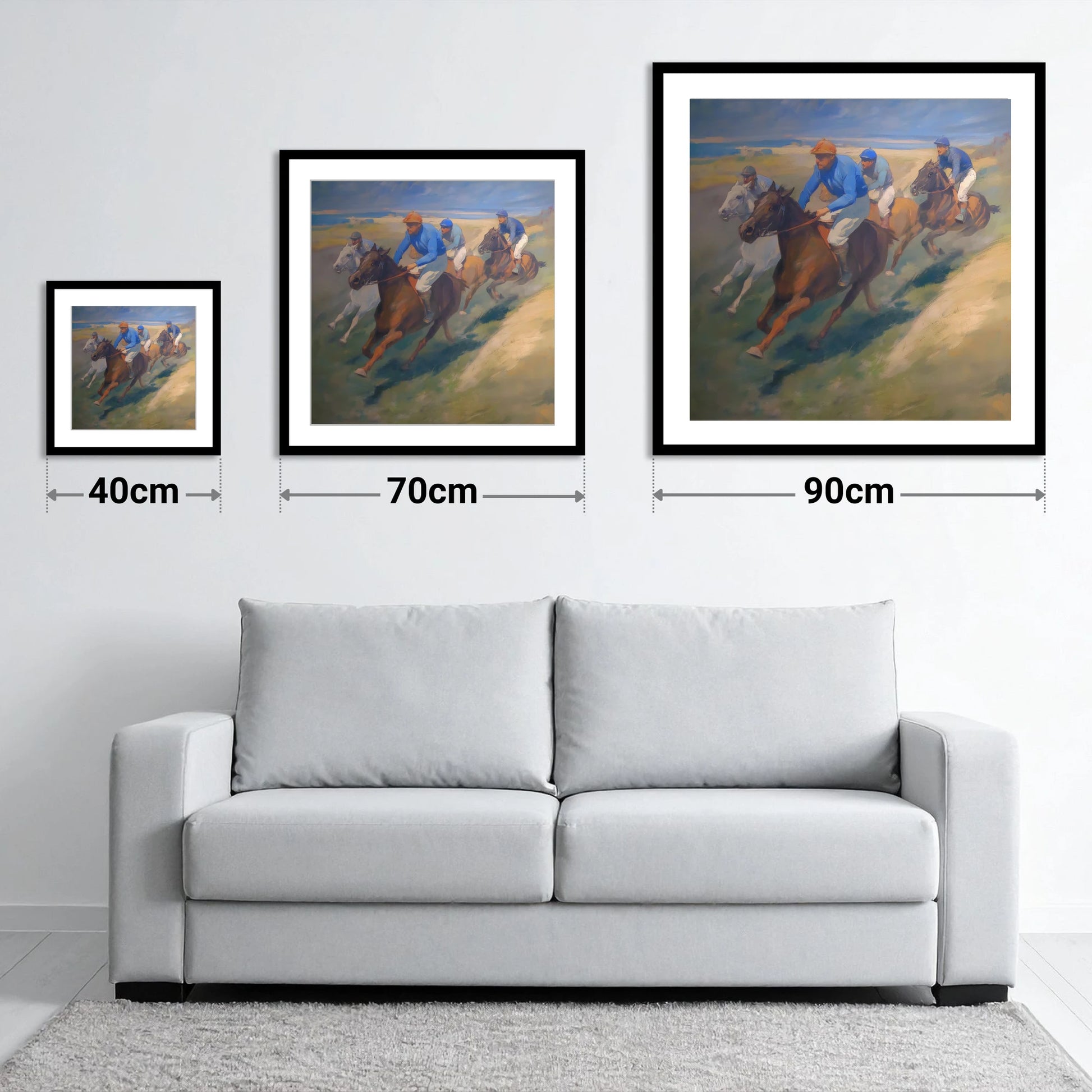 The Classic Chase - size guide showing 40cm, 70cm and 90cm art prints